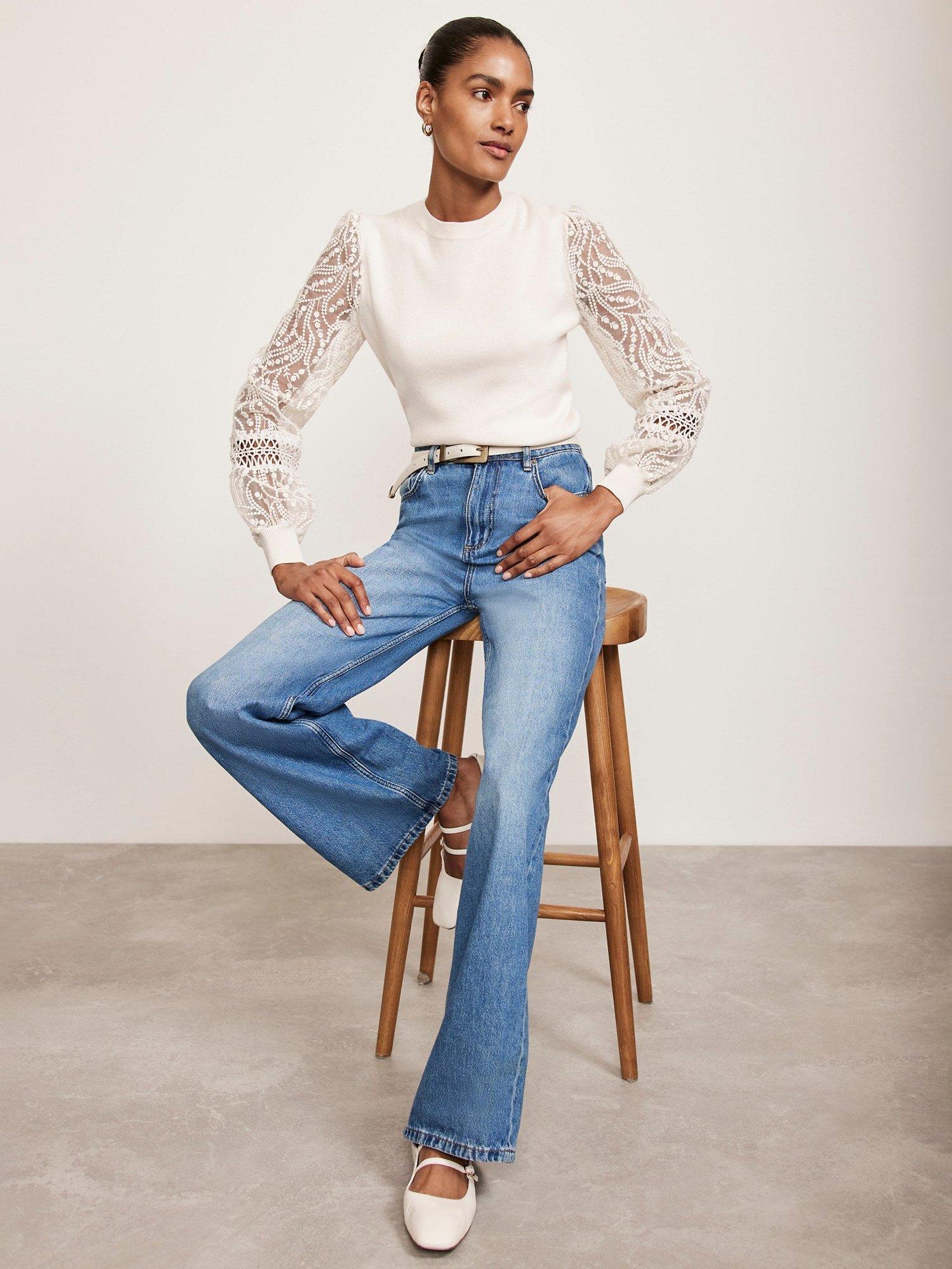 Product image 3 of 8, which shows Mint Velvet Embroidered Sleeve Jumper, Ivory, L