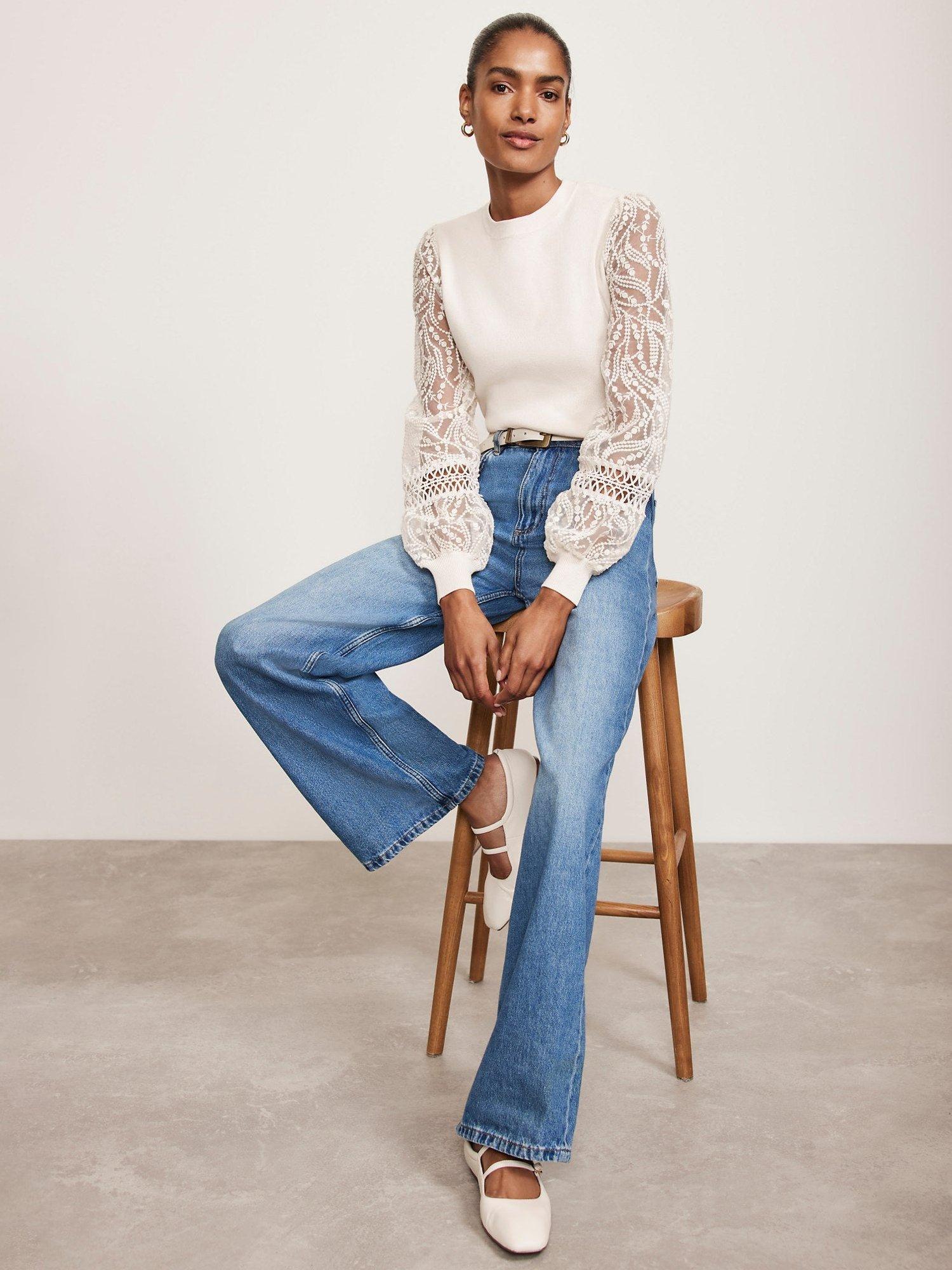Product image 4 of 8, which shows Mint Velvet Embroidered Sleeve Jumper, Ivory, L