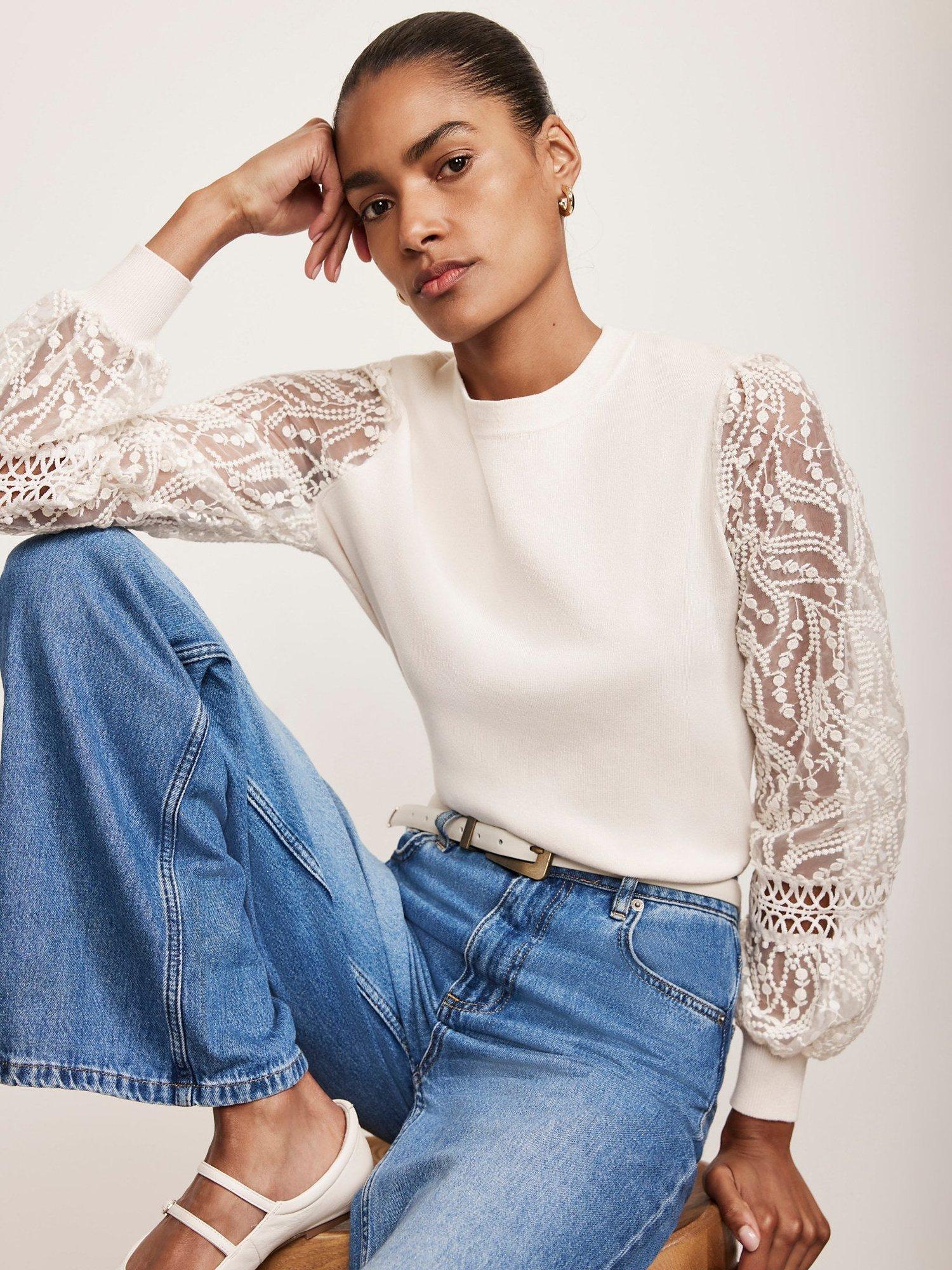 Product image 5 of 8, which shows Mint Velvet Embroidered Sleeve Jumper, Ivory, L