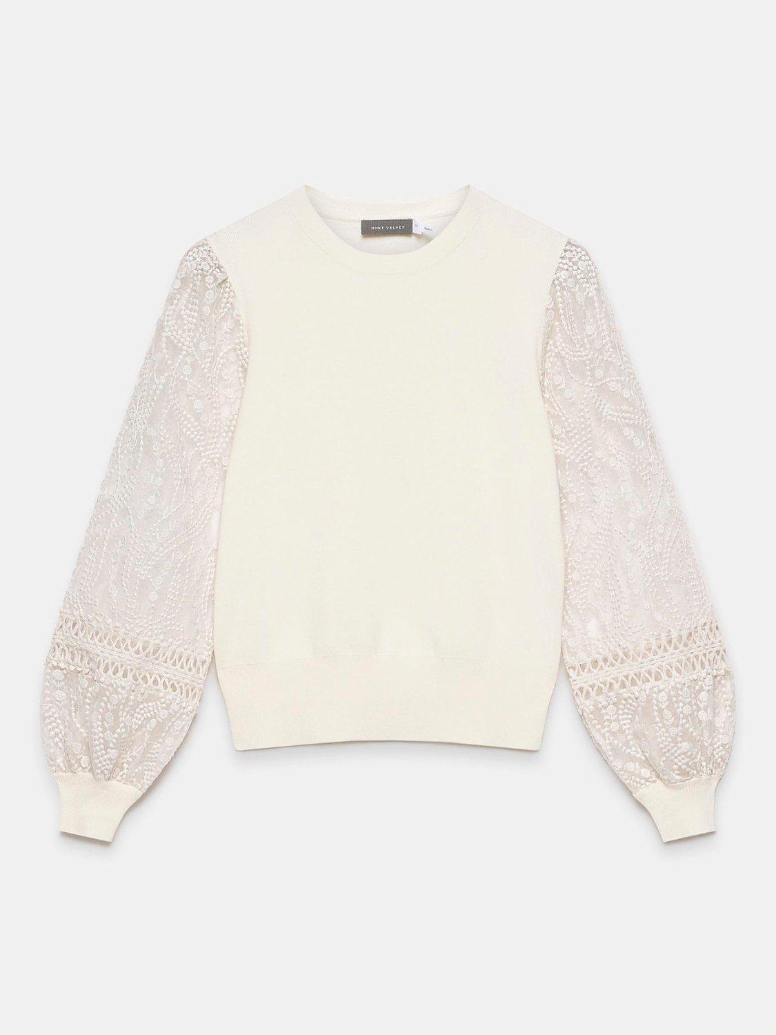 Product image 6 of 8, which shows Mint Velvet Embroidered Sleeve Jumper, Ivory, L