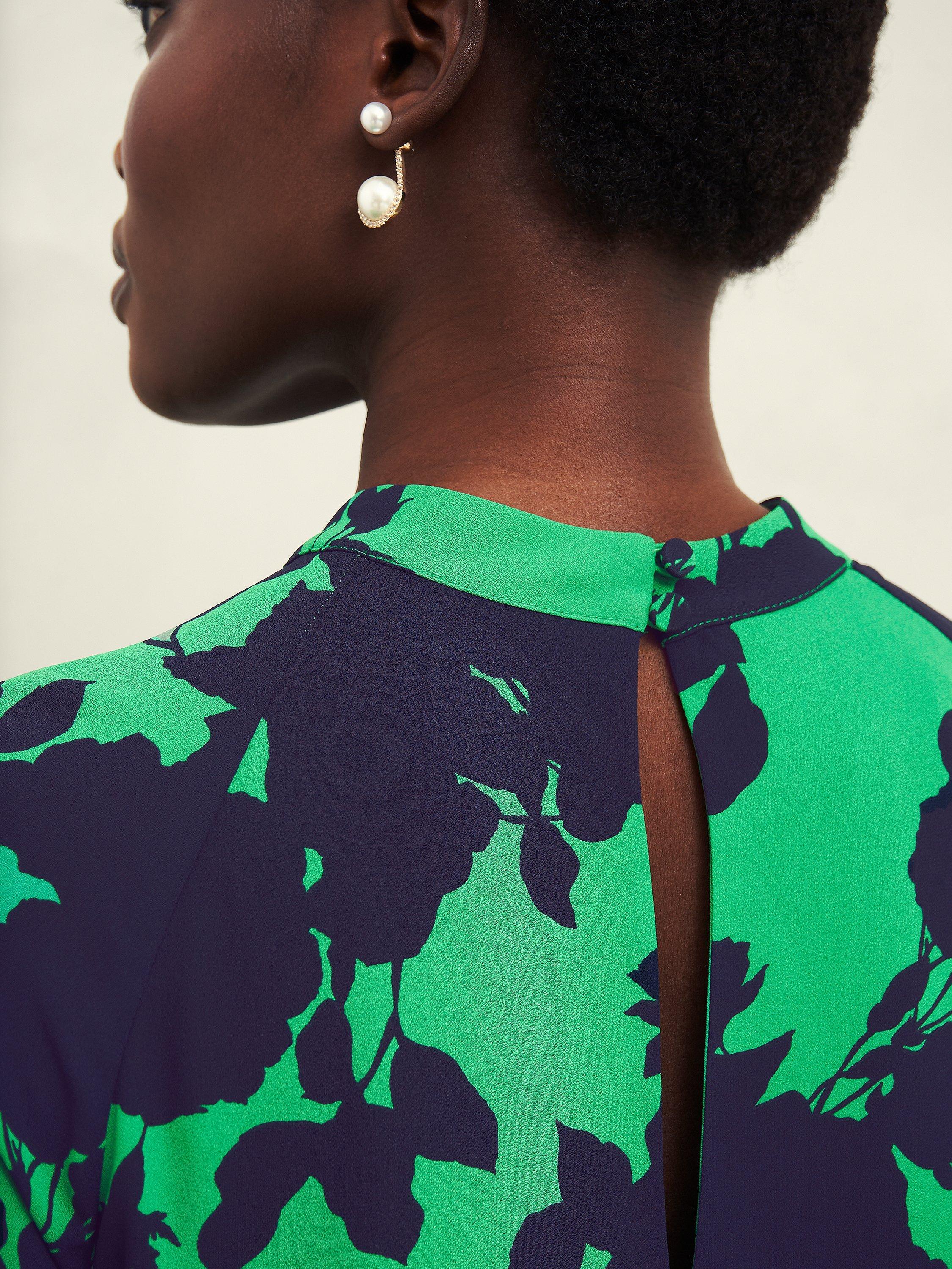 Product image 3 of 7, which shows Hobbs Georgia Floral Dress, Green/Navy, 10