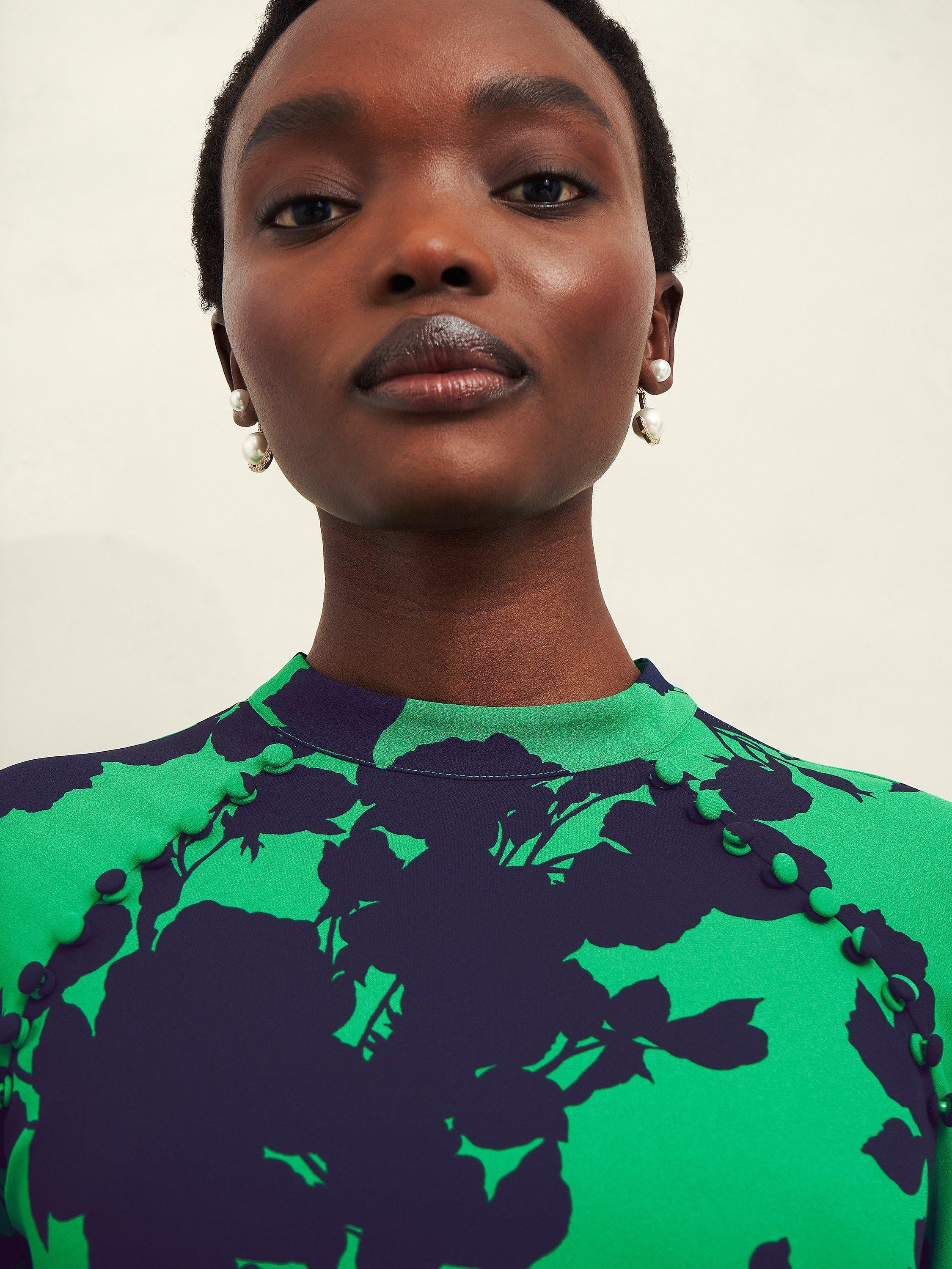 Product image 5 of 7, which shows Hobbs Georgia Floral Dress, Green/Navy, 10