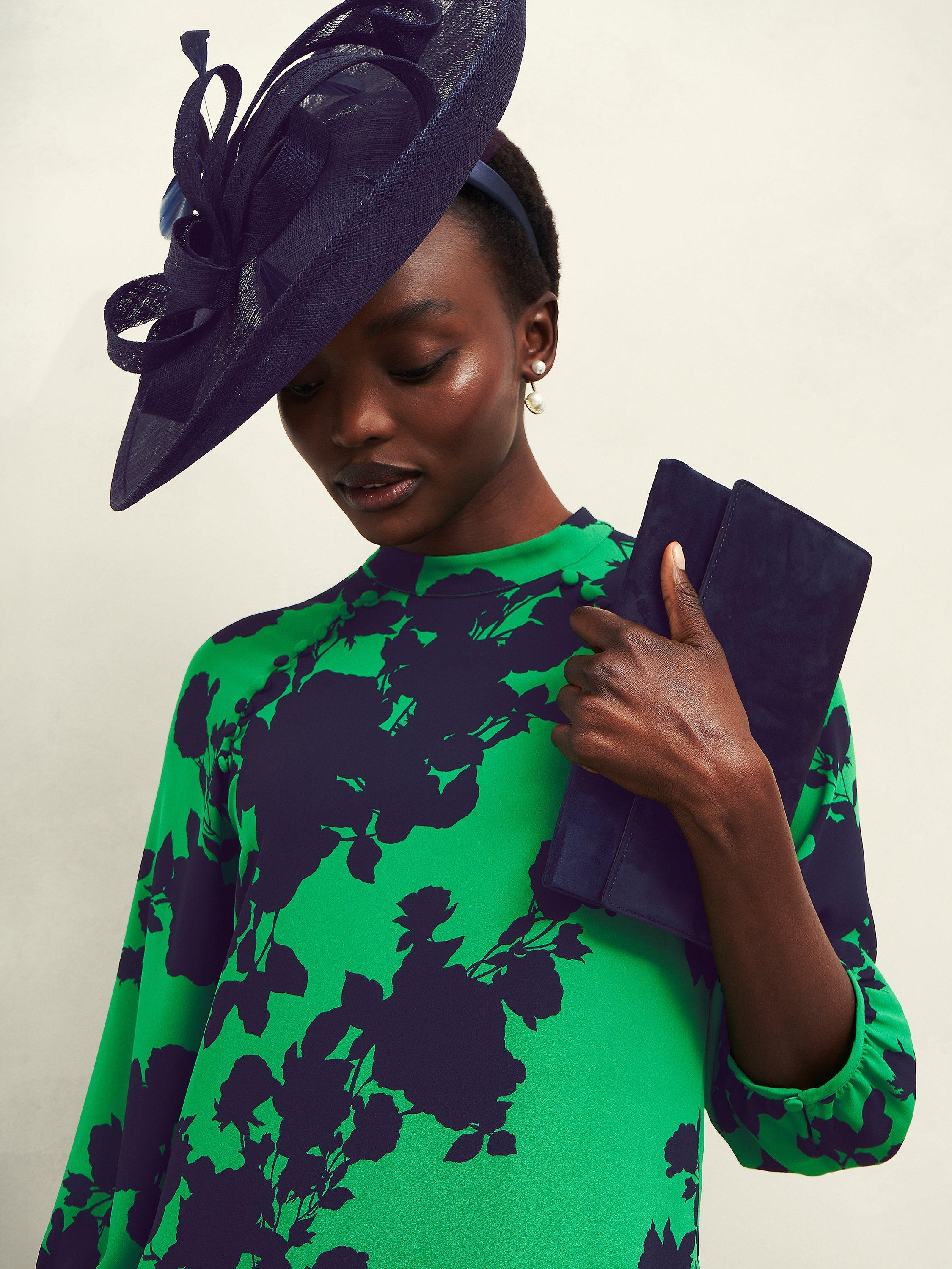 Product image 7 of 7, which shows Hobbs Georgia Floral Dress, Green/Navy, 10