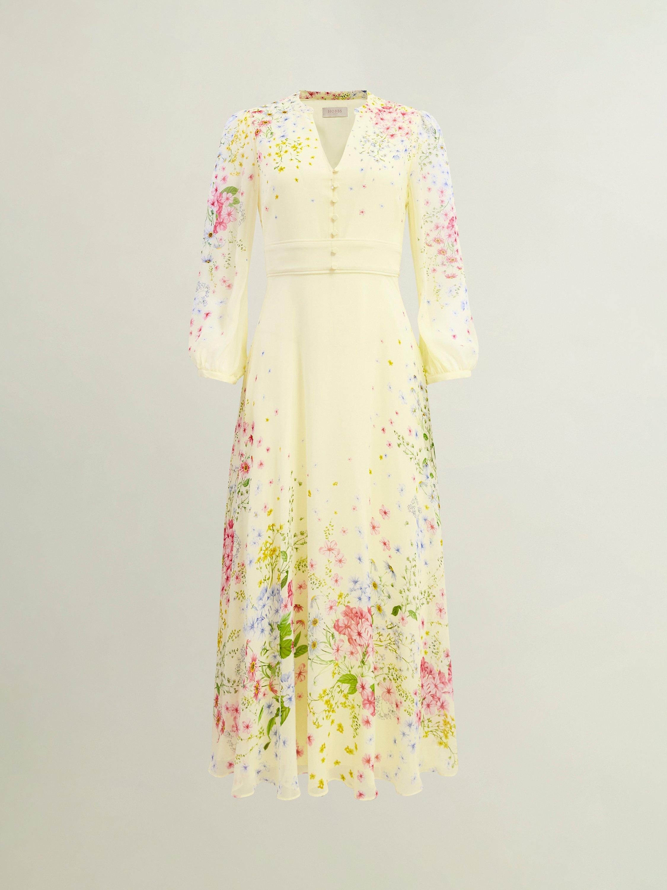 Product image 4 of 6, which shows Hobbs Emma Silk Midi Dress, Yellow/Multi, 12