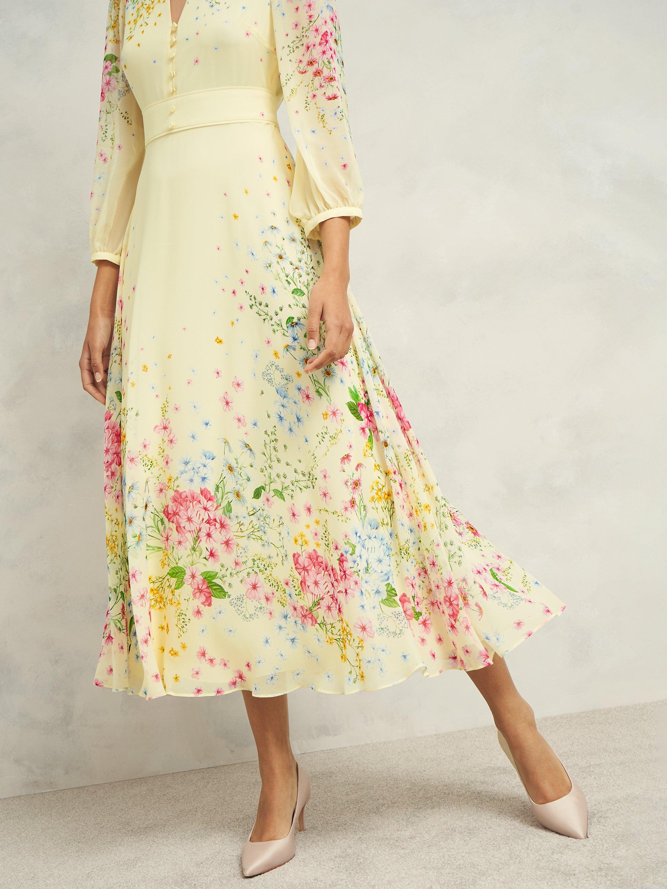 Product image 5 of 6, which shows Hobbs Emma Silk Midi Dress, Yellow/Multi, 12