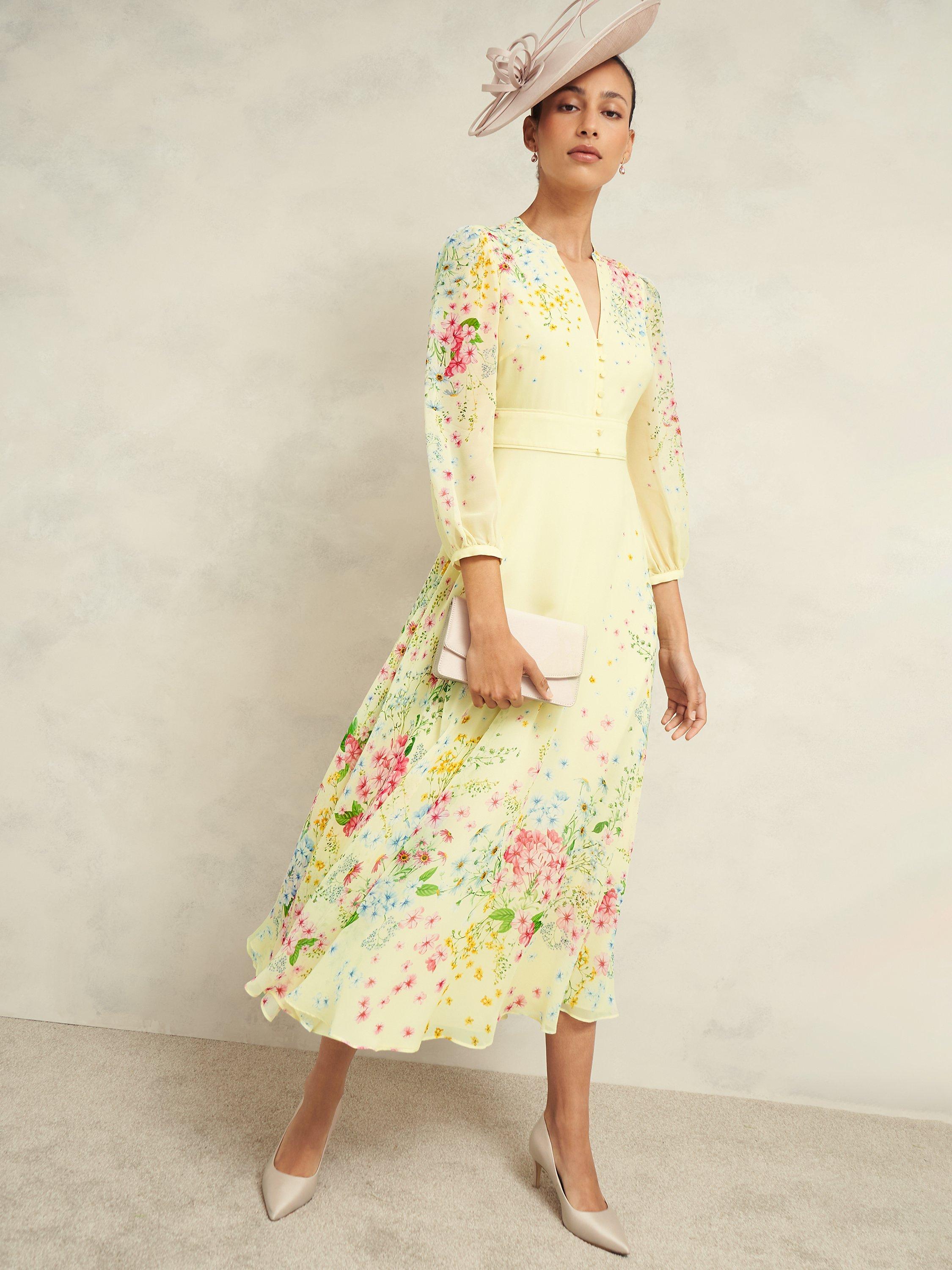 Product image 6 of 6, which shows Hobbs Emma Silk Midi Dress, Yellow/Multi, 12