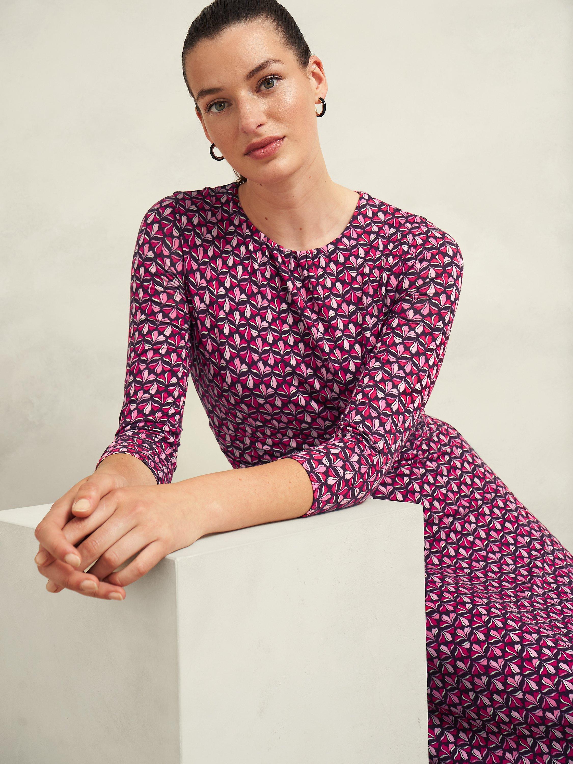 Product image 6 of 6, which shows Hobbs Bayview Abstract Jersey Dress, Pink/Multi, 22