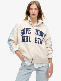 Superdry Athletic Essentials Applique Loose Zip Track Top, Turtledove Cream/Blue, Turtledove Cream/Blue