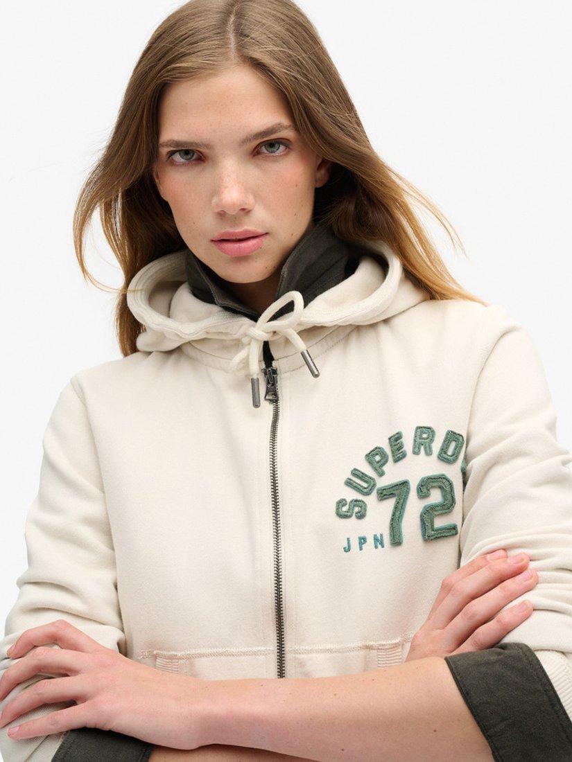 Superdry Athletic Essentials Relaxed Crop Zip Hoodie, Turtledove Cream, 8