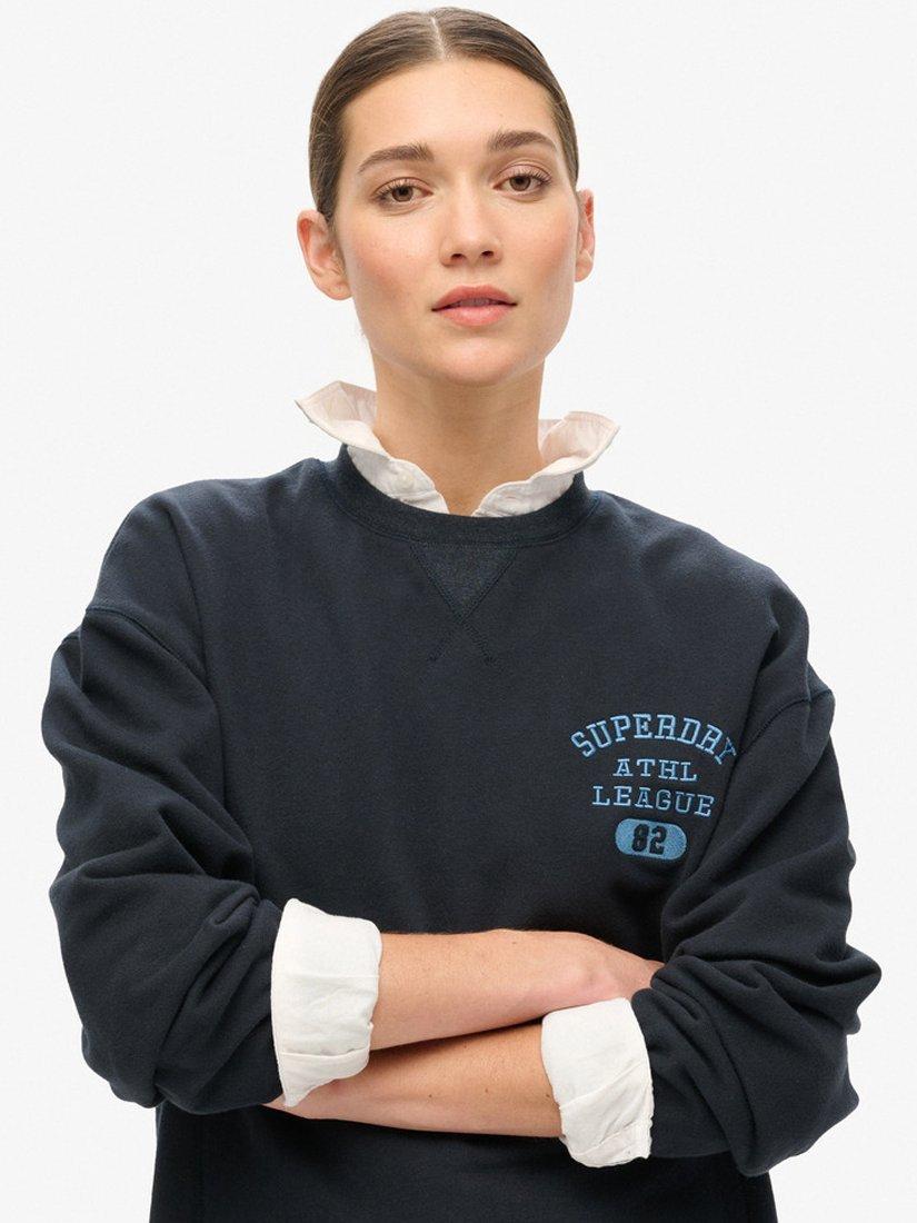 Product image 4 of 5, which shows Superdry Athletic Essentials Loose Crop Crew Sweatshirt, Eclipse Navy, 8