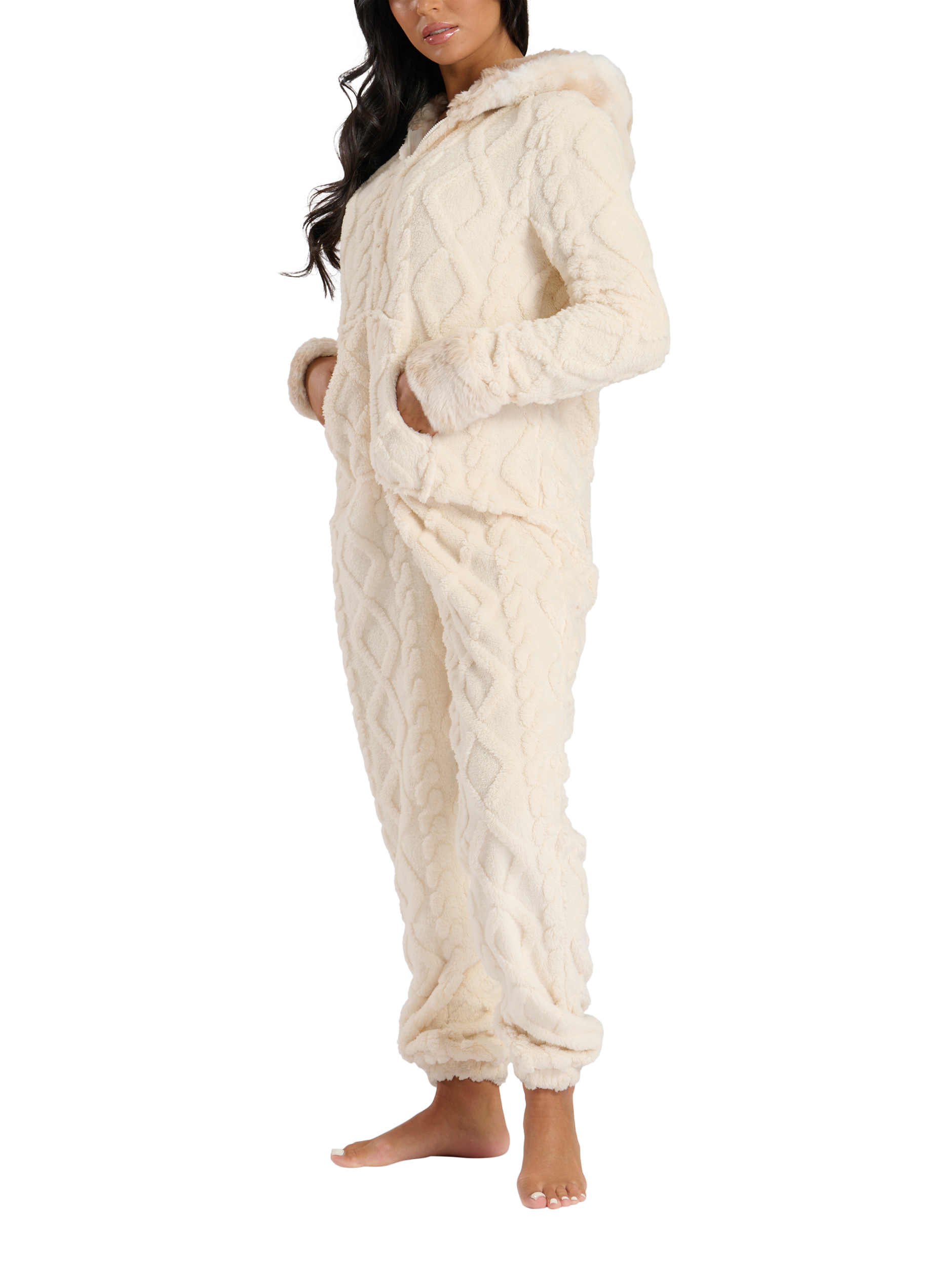 Loungeable Cable Cut Sherpa Onesie Natural Cream