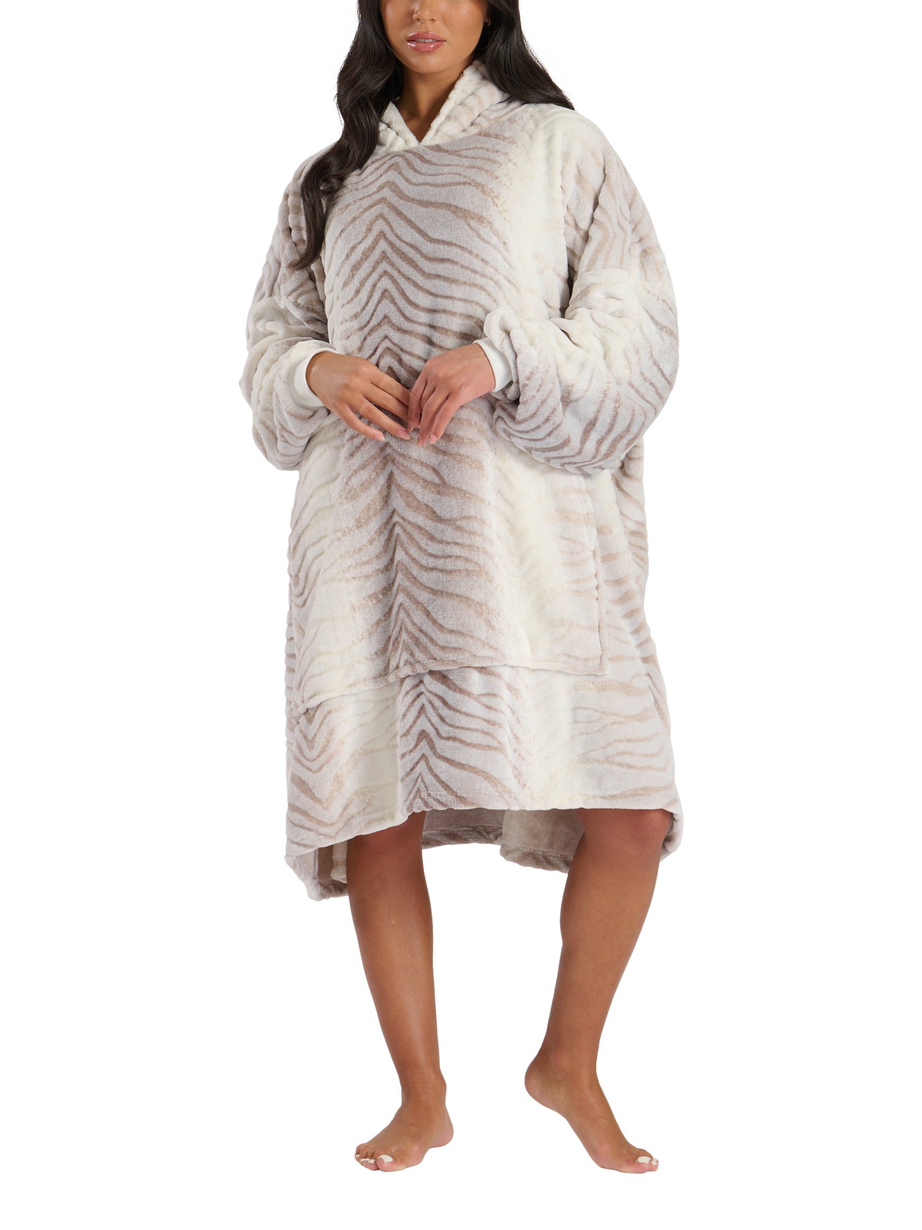 Product image 1 of 5, which shows Loungeable Tiger Fleece Snuggle Hoodie, Natural Taupe, One Size