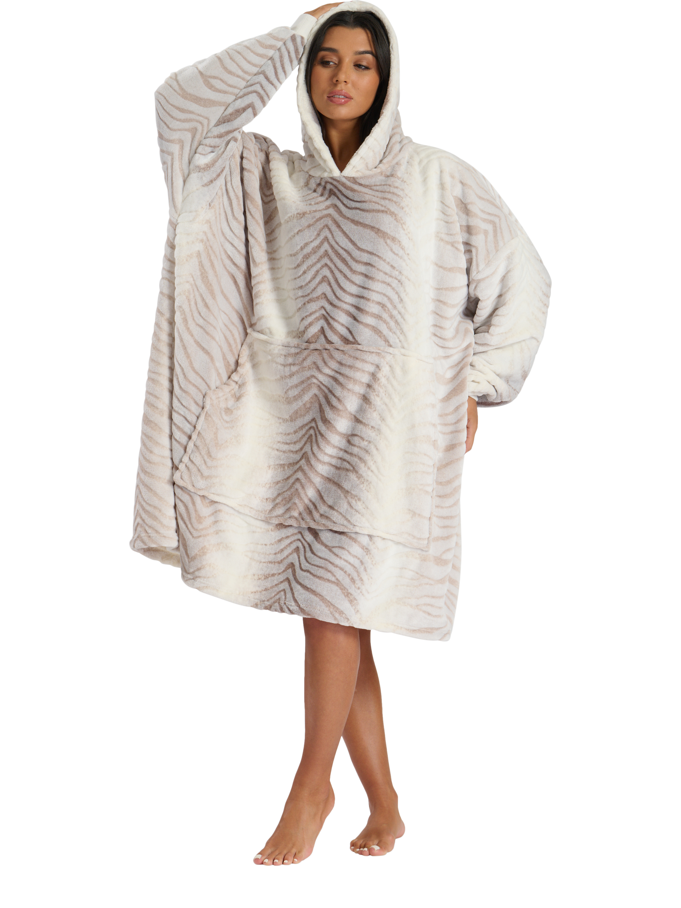 Product image 2 of 5, which shows Loungeable Tiger Fleece Snuggle Hoodie, Natural Taupe, One Size