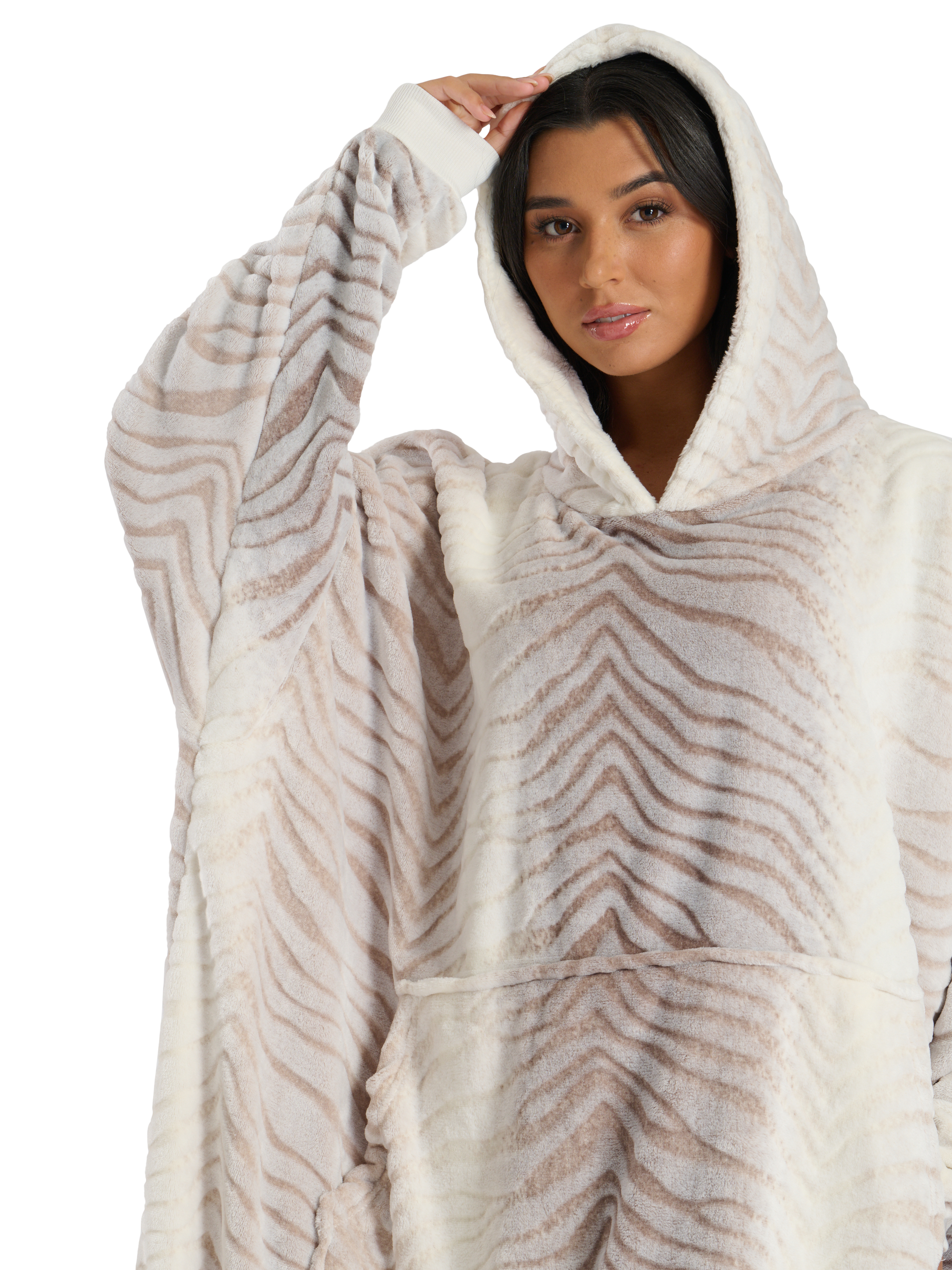 Product image 3 of 5, which shows Loungeable Tiger Fleece Snuggle Hoodie, Natural Taupe, One Size
