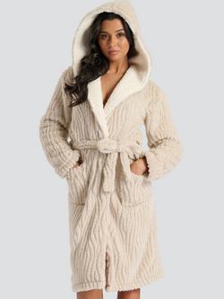 Loungeable Wavy Sherpa Hooded Dressing Gown, Natural Taupe, Natural Taupe