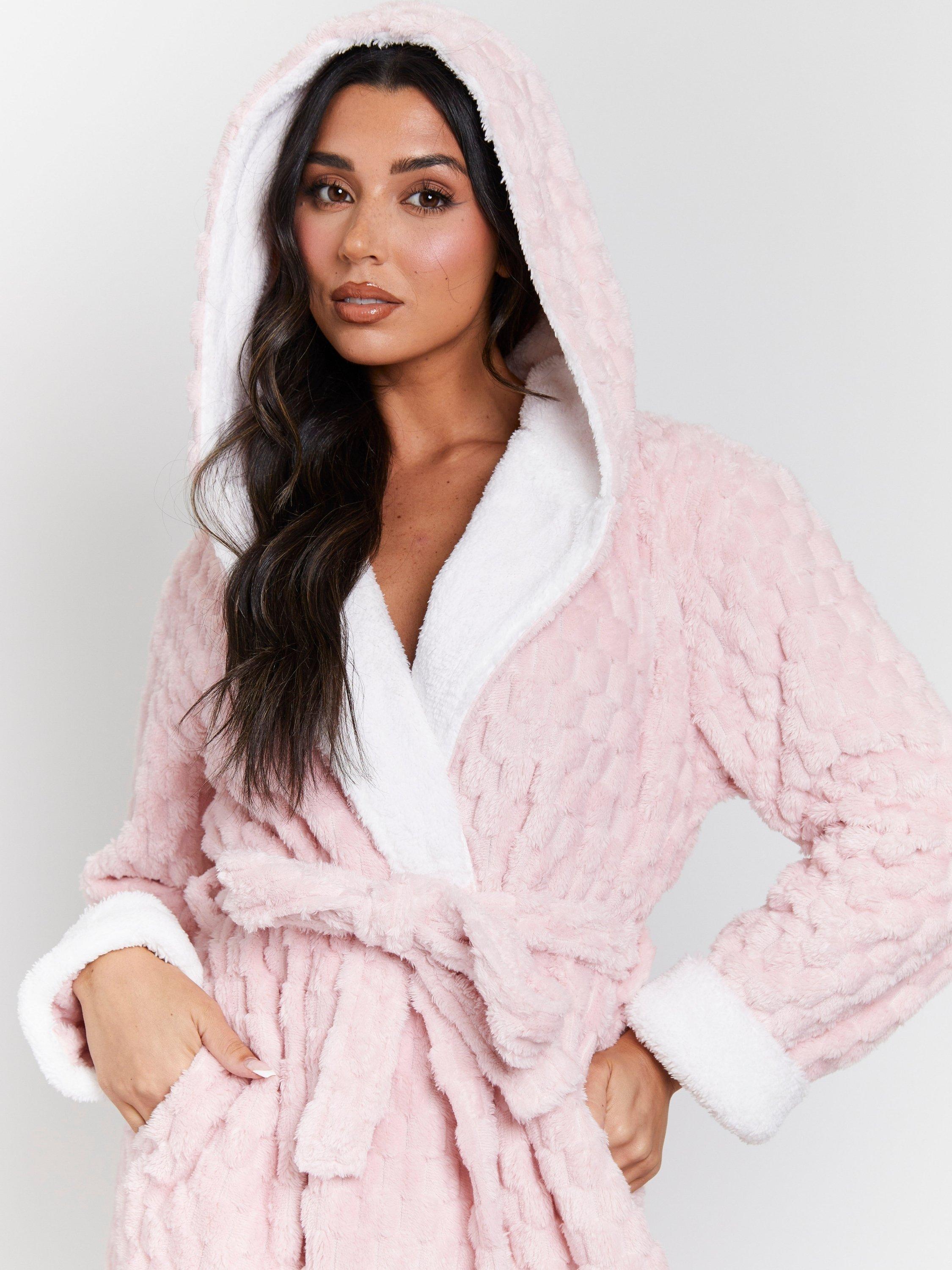 Product image 3 of 6, which shows Loungeable Geometric Luxury Fleece Dressing Gown, Pink, S