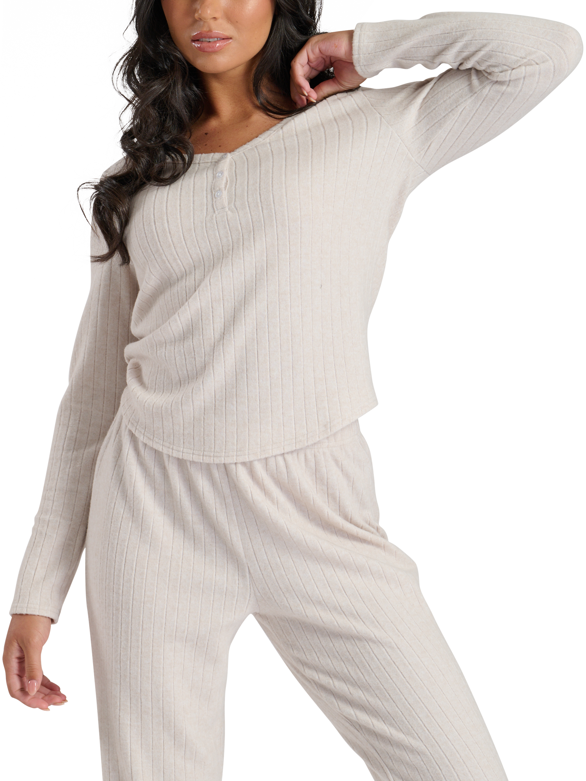Product image 2 of 6, which shows Loungeable Ribbed Henley Pyjama Set, Oatmeal, L