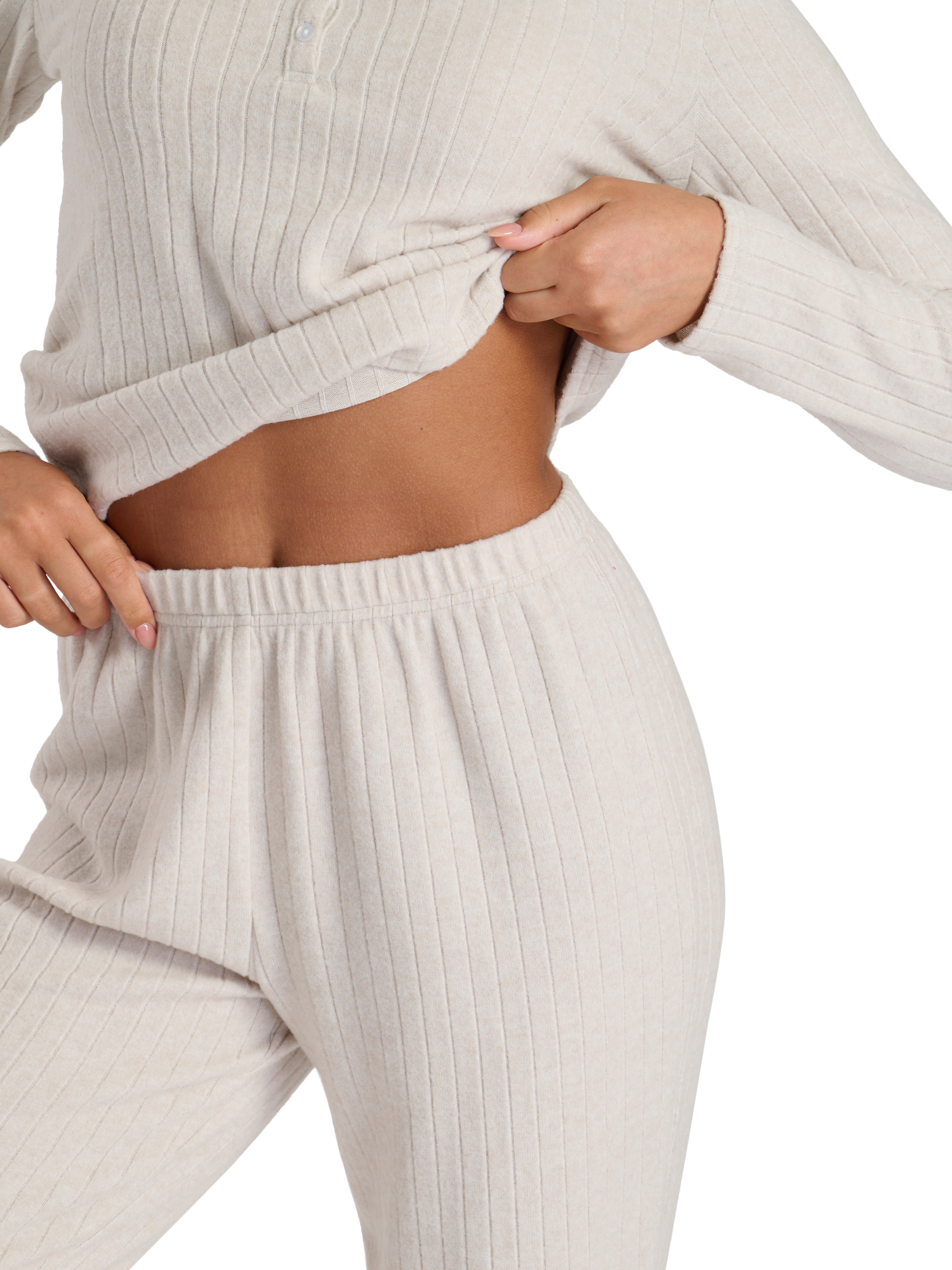 Product image 3 of 6, which shows Loungeable Ribbed Henley Pyjama Set, Oatmeal, L