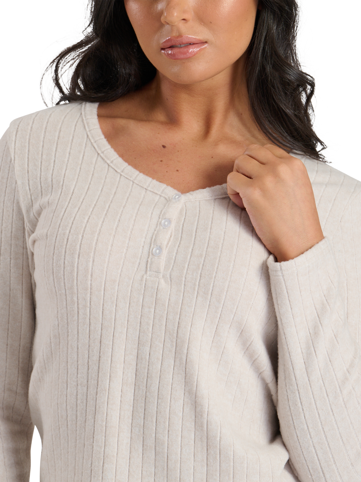 Product image 4 of 6, which shows Loungeable Ribbed Henley Pyjama Set, Oatmeal, L
