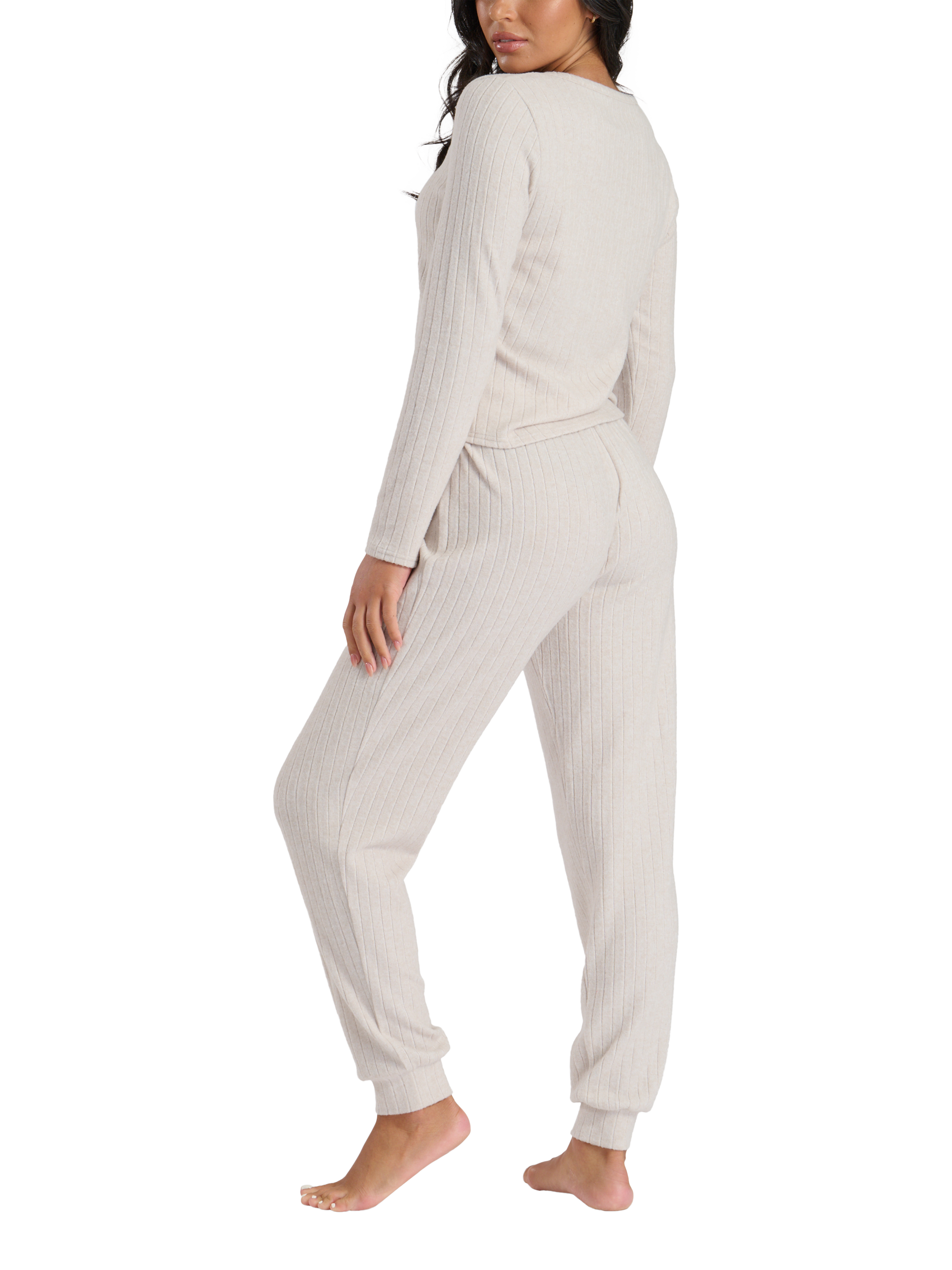 Product image 6 of 6, which shows Loungeable Ribbed Henley Pyjama Set, Oatmeal, L
