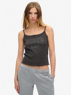 Superdry Athletic Essentials Graphic Pointelle Cami Top, Bison Black, Bison Black