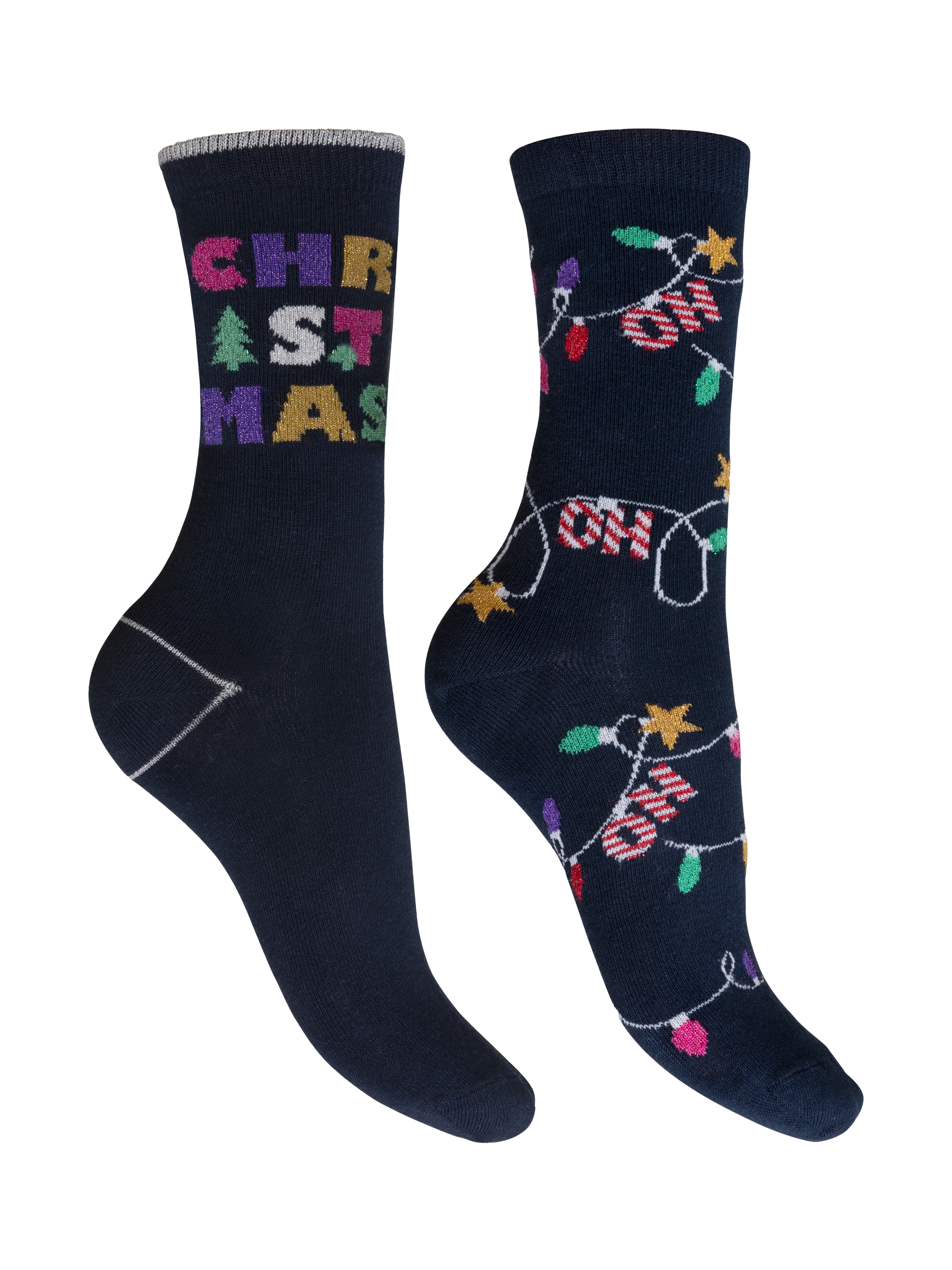 Product image 1 of 3, which shows Charnos Christmas Fairy Lights and Sparkle Cotton Blend Ankle Socks, Pack of 2, Navy/Multi, One Size