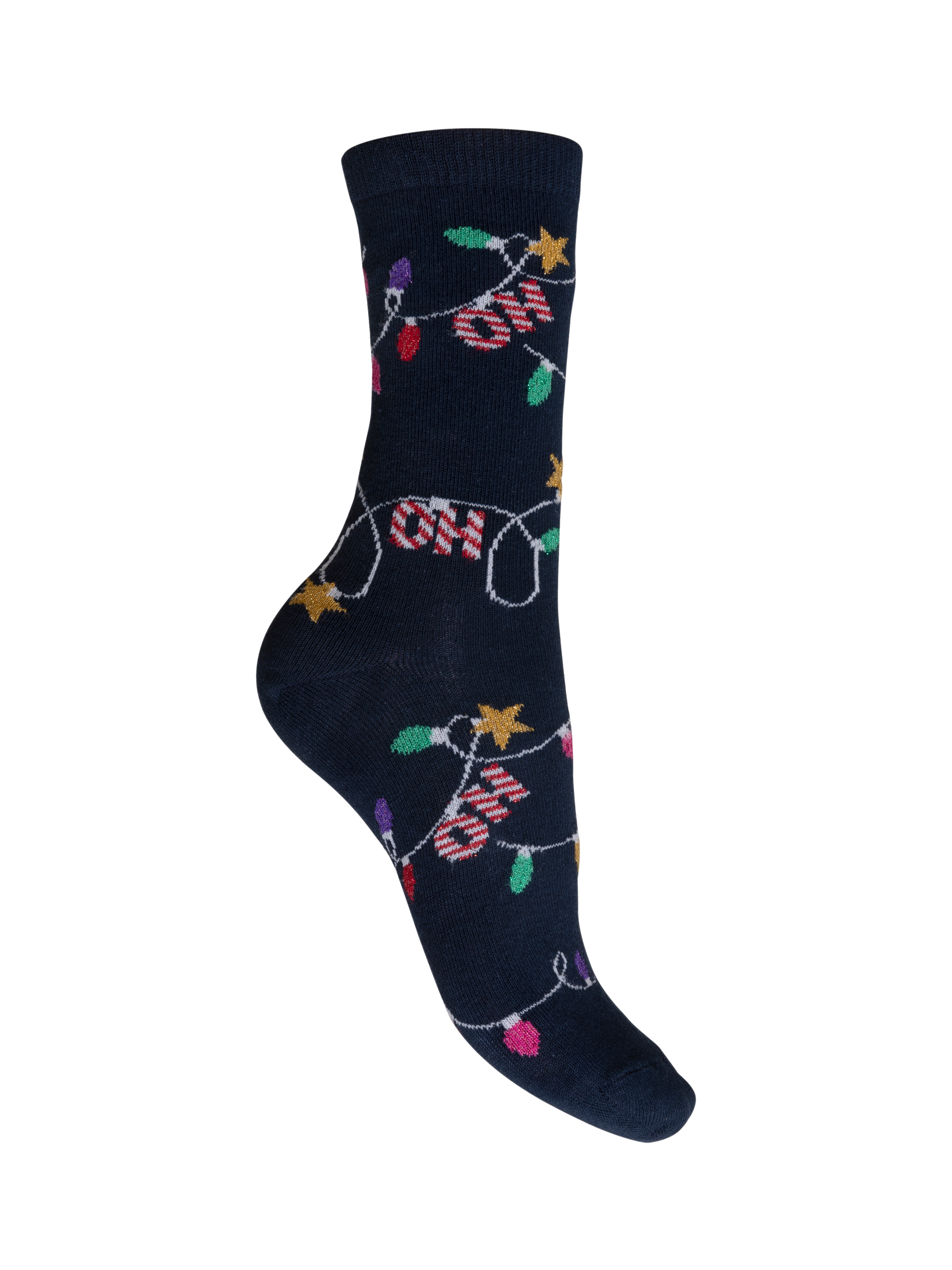 Product image 3 of 3, which shows Charnos Christmas Fairy Lights and Sparkle Cotton Blend Ankle Socks, Pack of 2, Navy/Multi, One Size