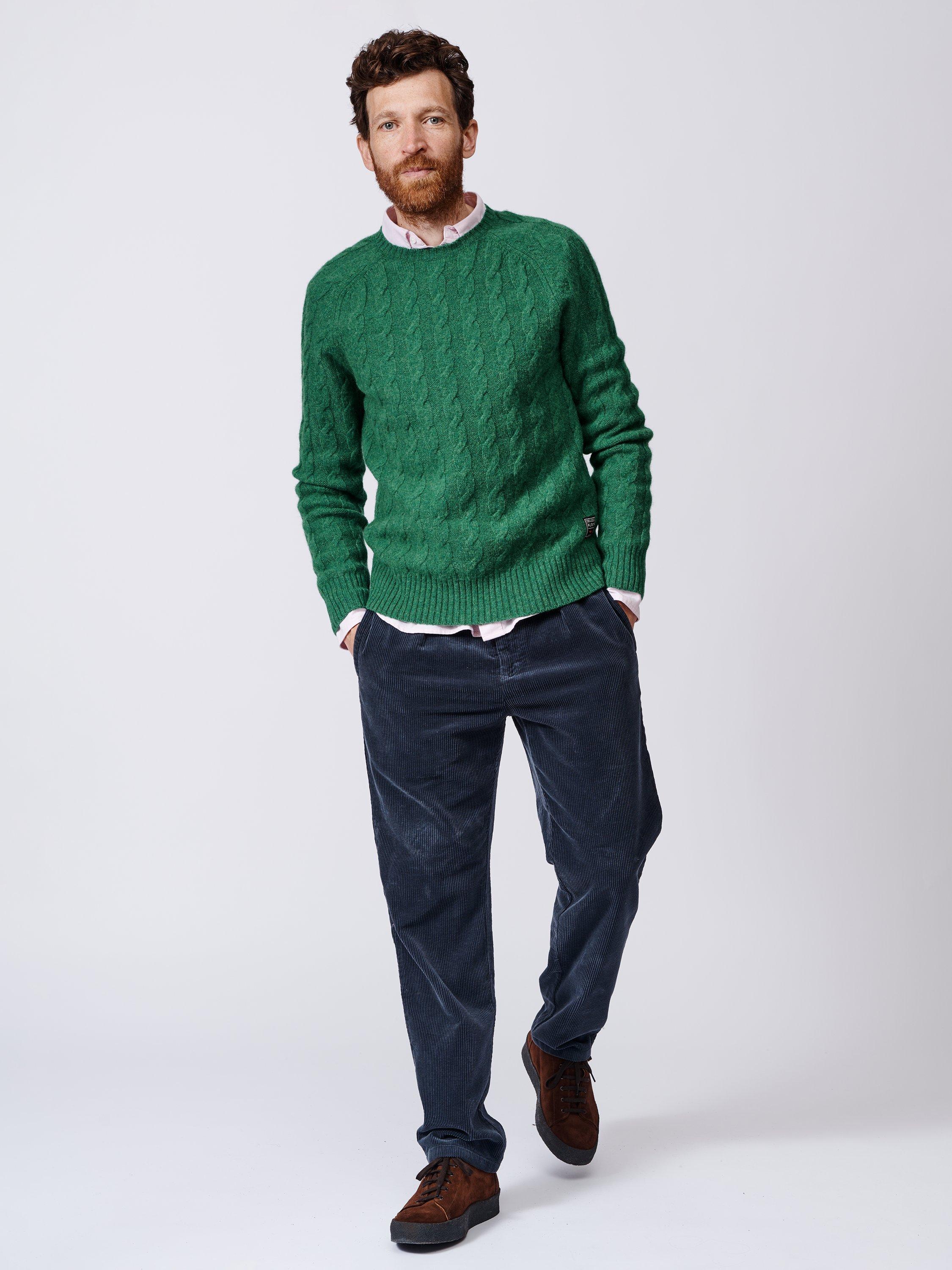 Product image 3 of 8, which shows Aubin Woodhall Wool Crew Cable Knit Jumper, Green, M