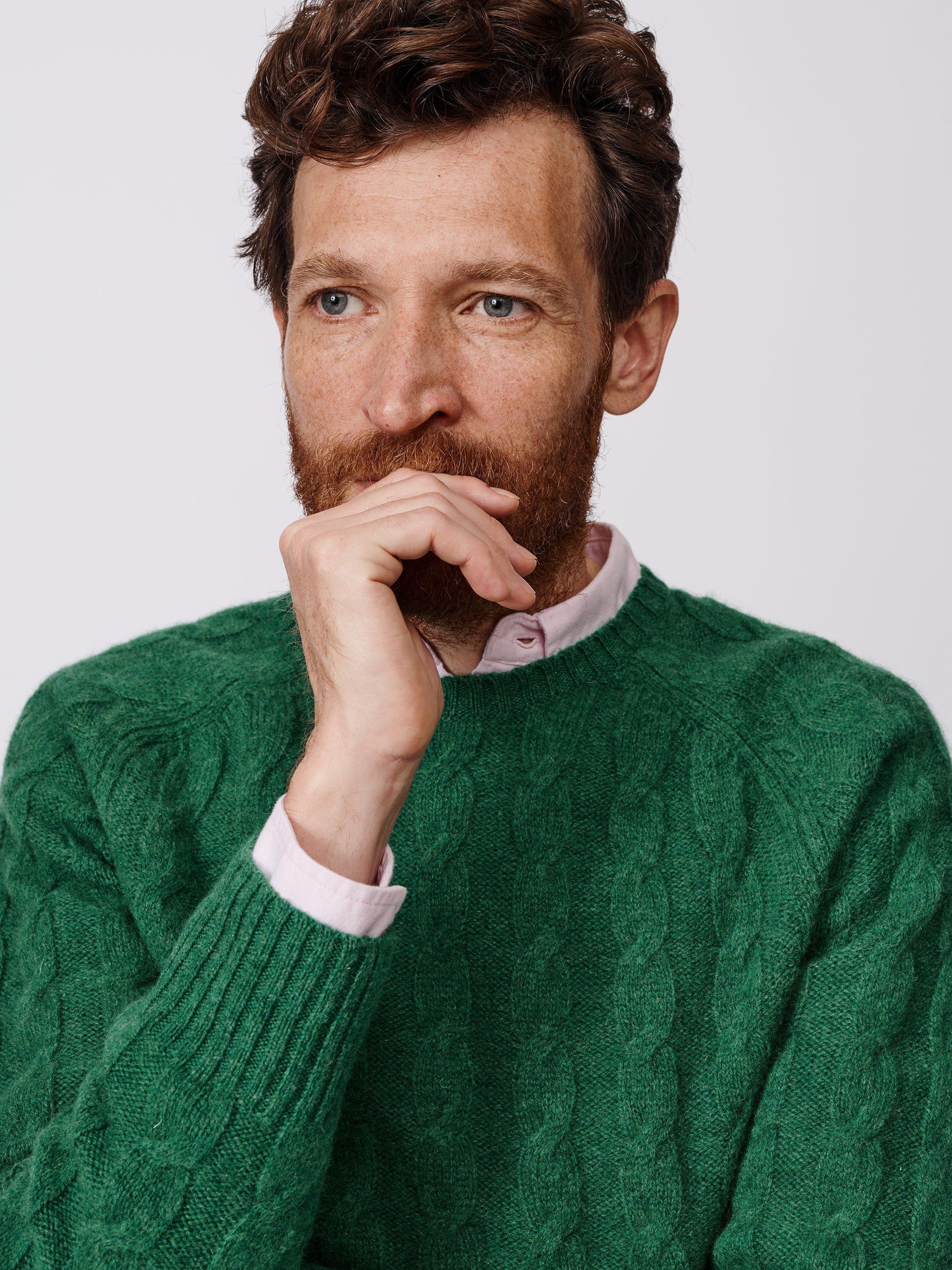 Product image 4 of 8, which shows Aubin Woodhall Wool Crew Cable Knit Jumper, Green, M