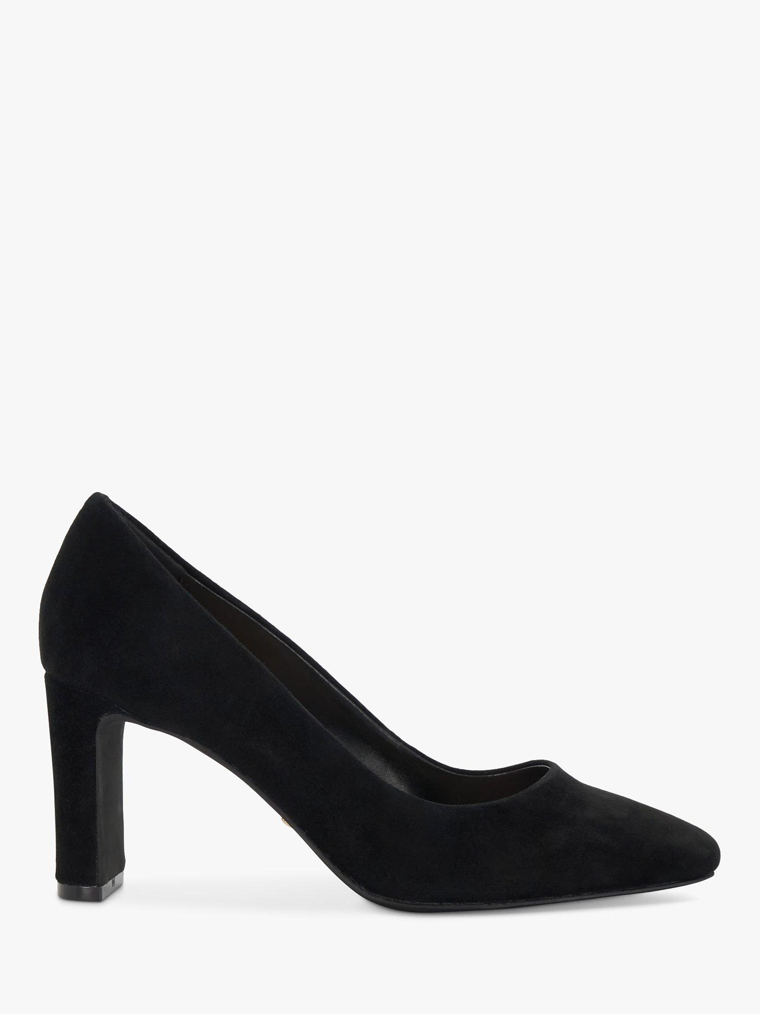 Product image 1 of 6, which shows Dune Arriving Suede Block Heel Court Shoes, Black, EU36