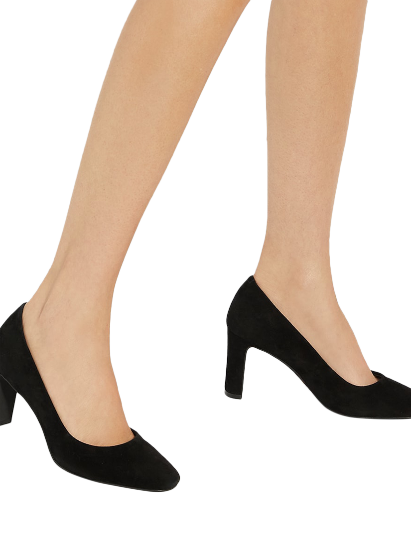 Product image 6 of 6, which shows Dune Arriving Suede Block Heel Court Shoes, Black, EU36