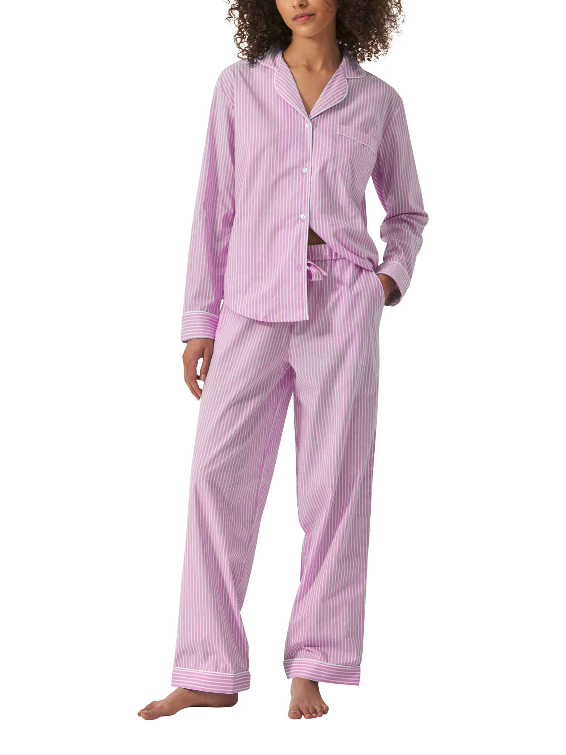 Product image 1 of 1, which shows myza Striped Organic Cotton Long Sleeve Pyjama Trouser Set, Purple, XS