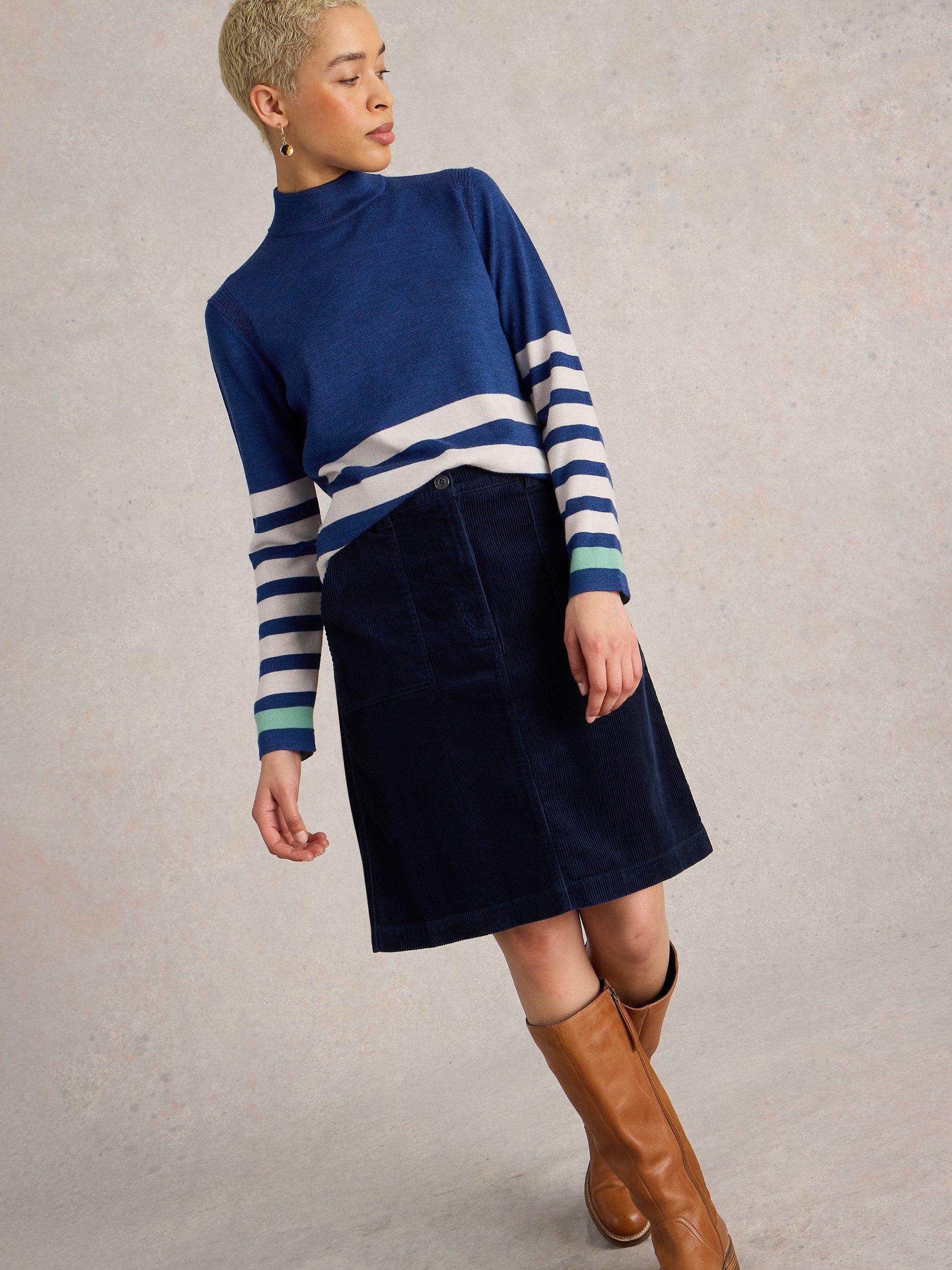 White Stuff Marie Organic Cotton Blend Corduroy Skirt Dark Navy