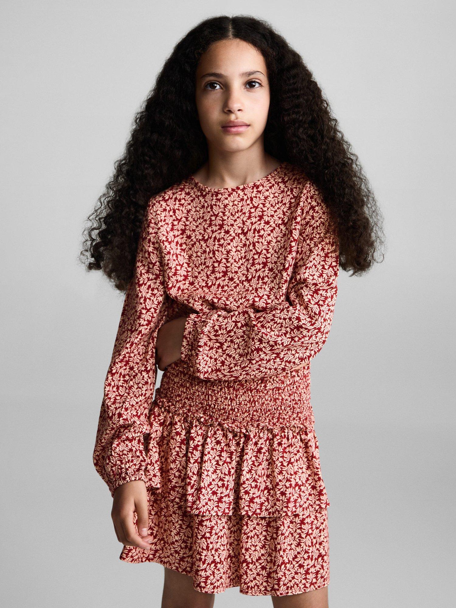 Mango Kids' Floral Print Cropped Blouse, Dark Red