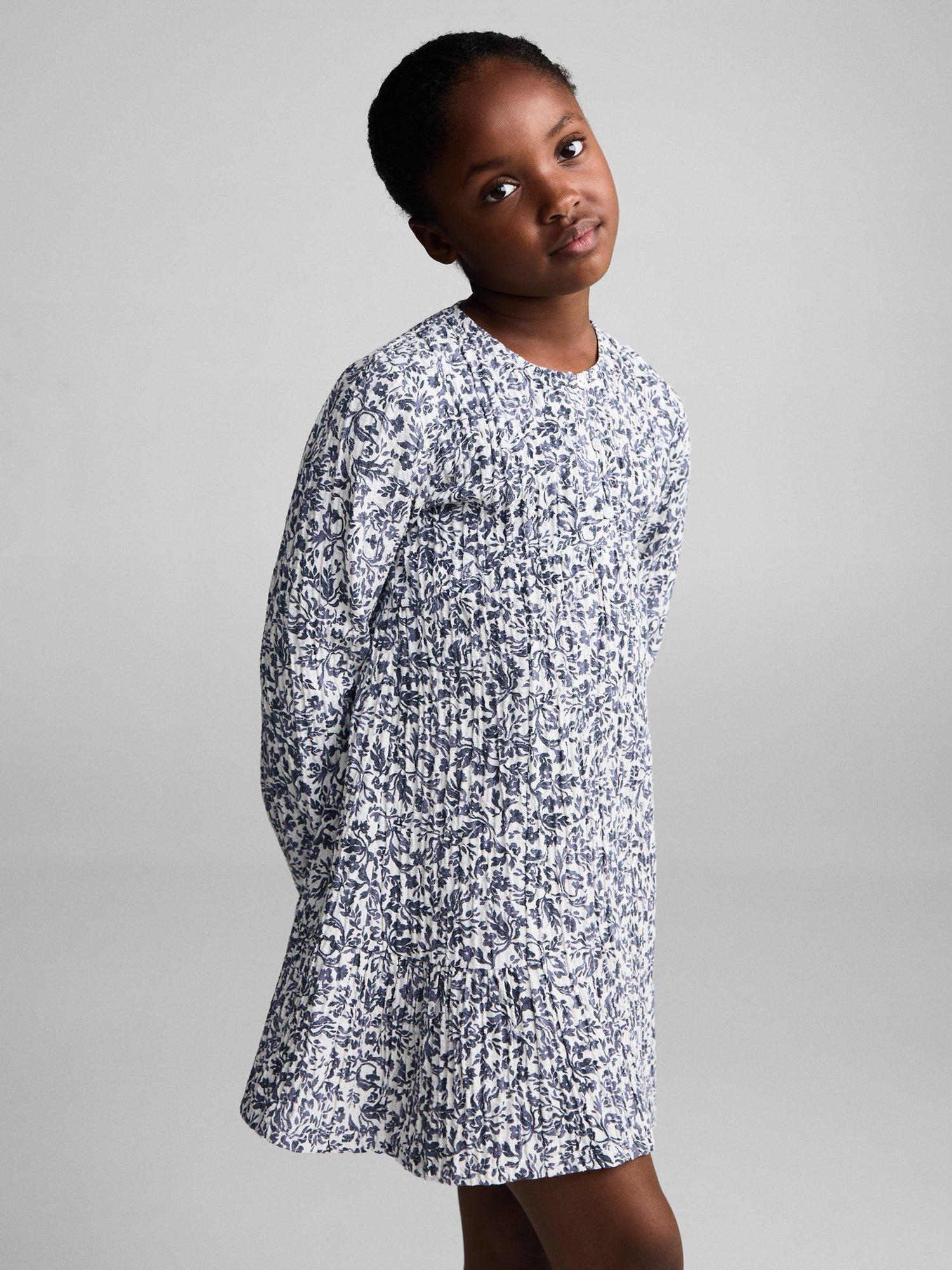 Mango Kids' Dora Floral Long Sleeve Dress, Medium Blue