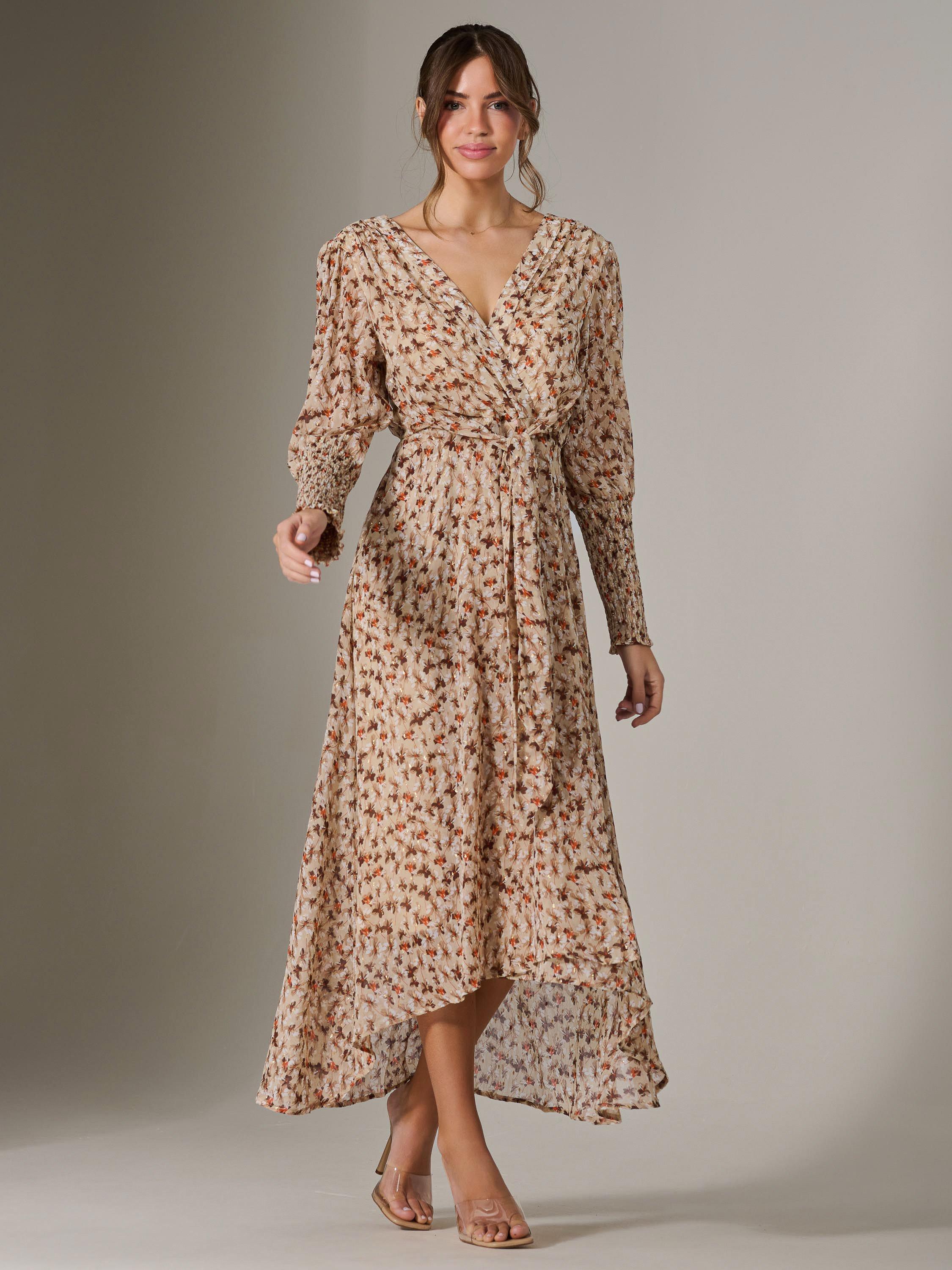 Jolie Moi Puff Sleeve Maxi Dress, Brown/Multi