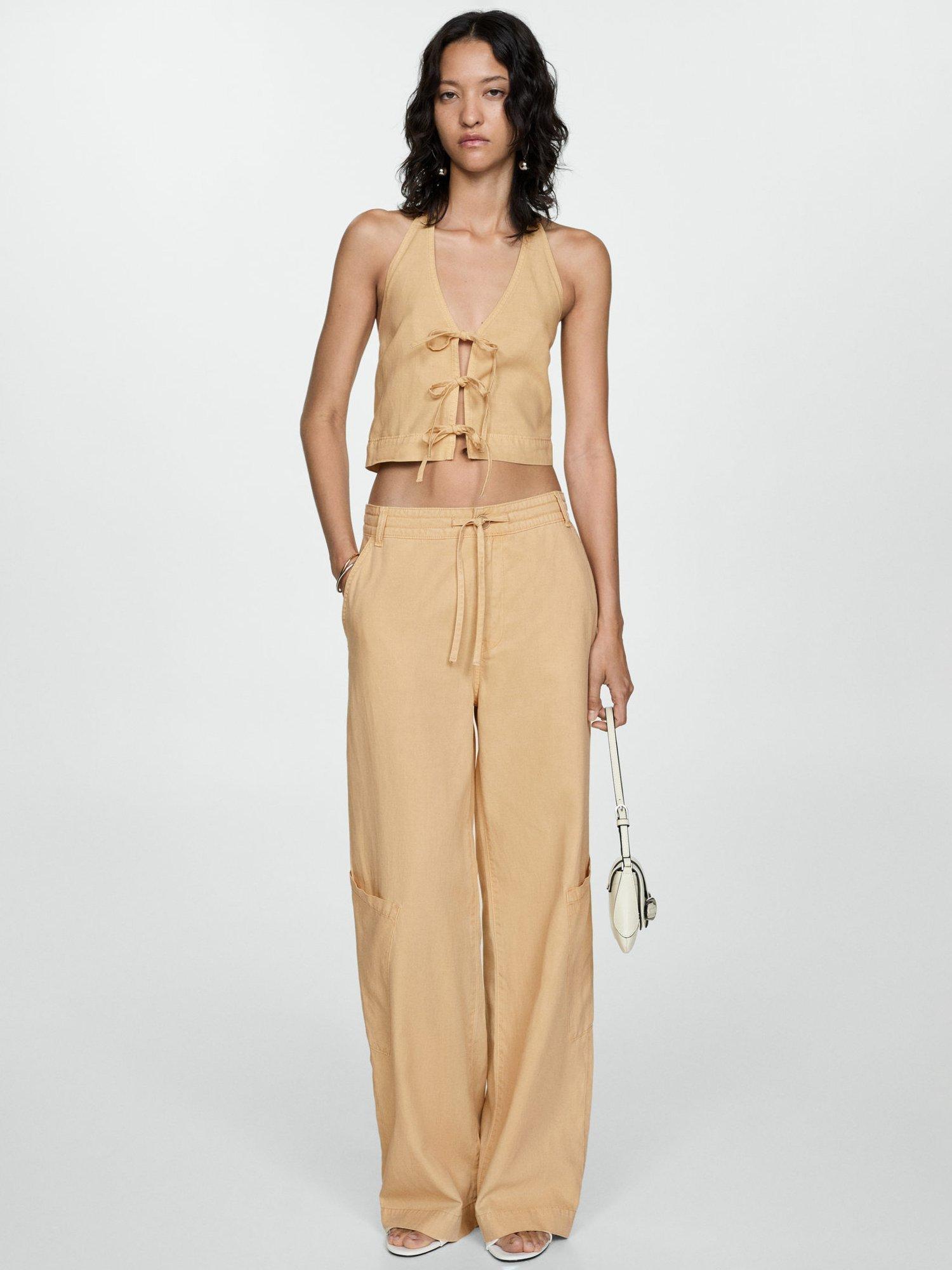 Mango Coral Wide Leg Trousers, Sand, L