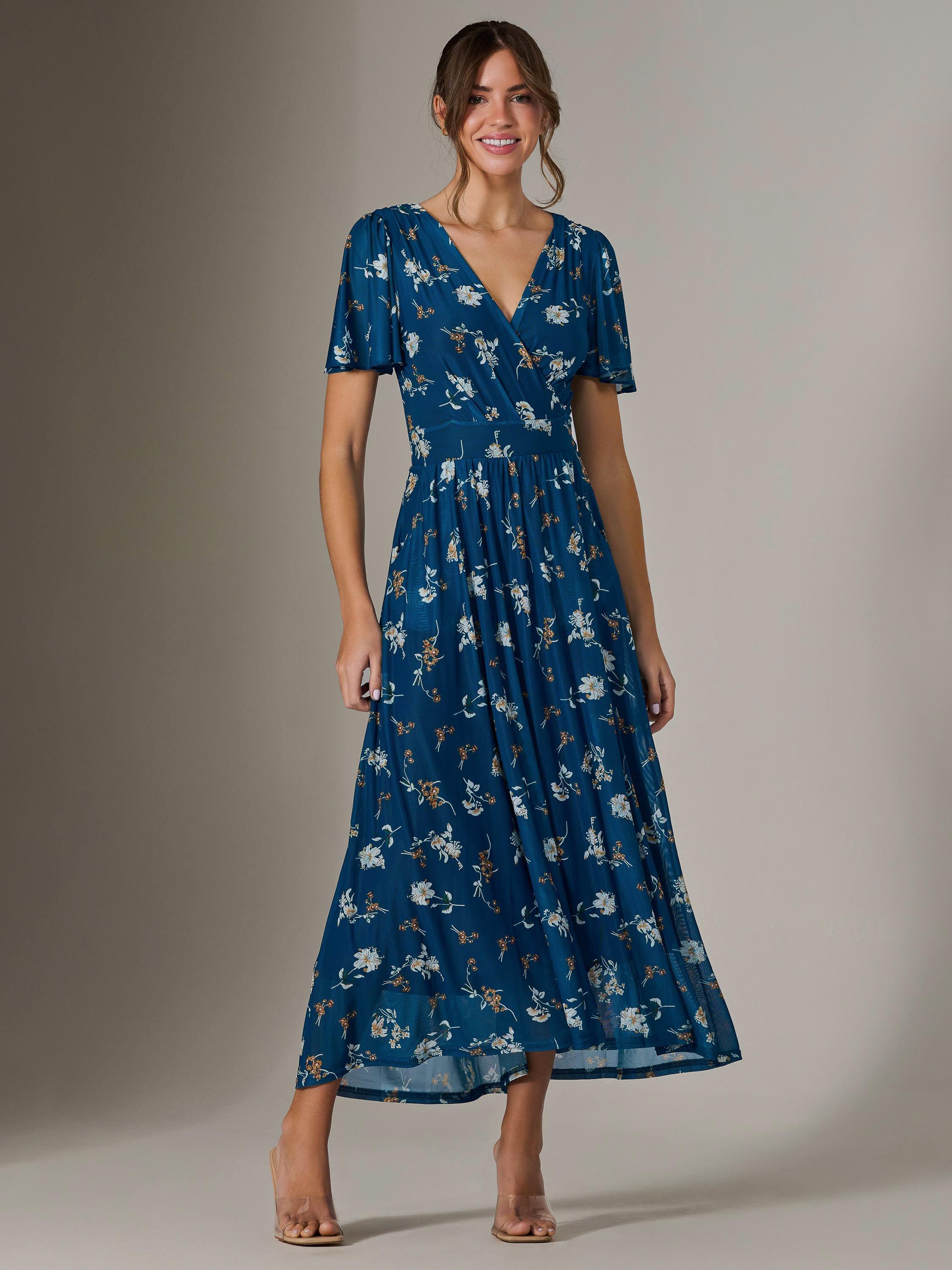 Jolie Moi Evelyn Angel Sleeve Mesh Maxi Dress, Teal/Multi