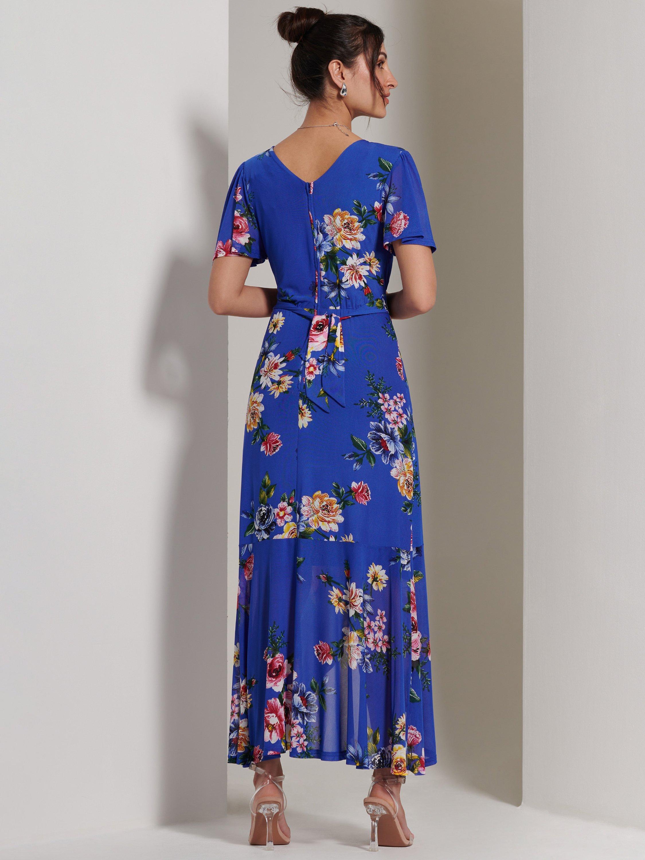 Product image 2 of 7, which shows Jolie Moi Dip Mesh Maxi Dress, Royal Blue/Multi, 8