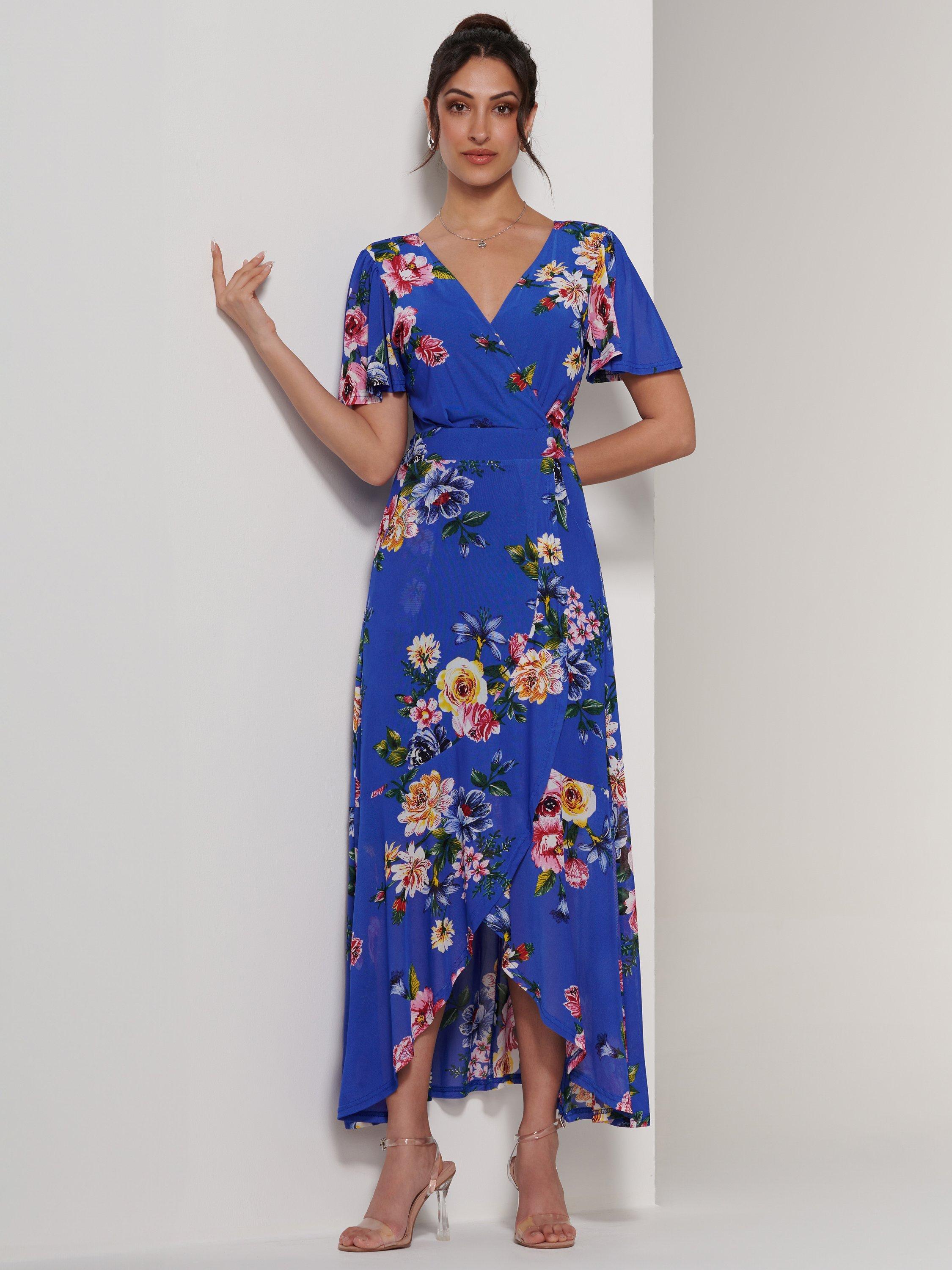 Product image 3 of 7, which shows Jolie Moi Dip Mesh Maxi Dress, Royal Blue/Multi, 8