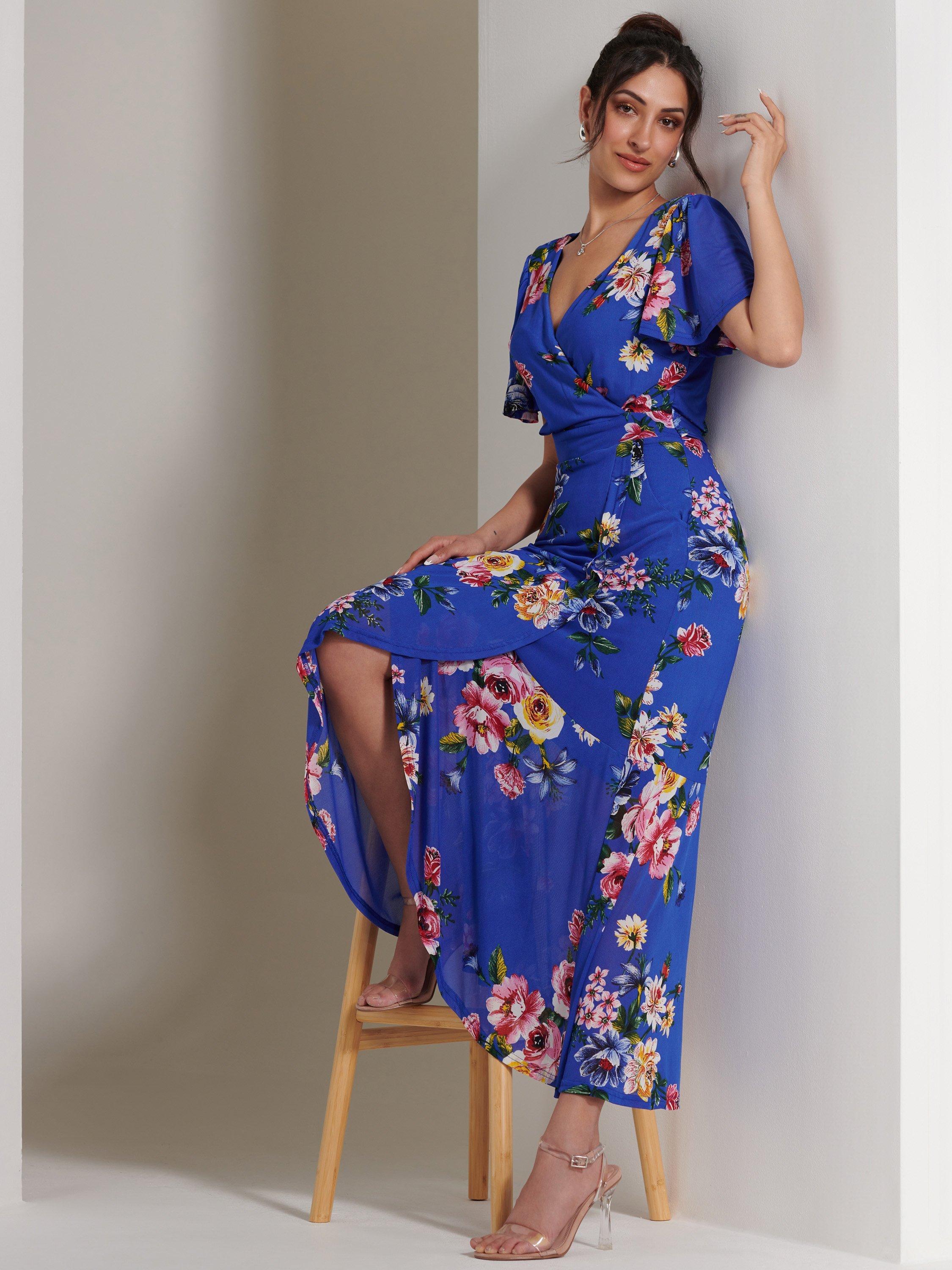 Product image 5 of 7, which shows Jolie Moi Dip Mesh Maxi Dress, Royal Blue/Multi, 8