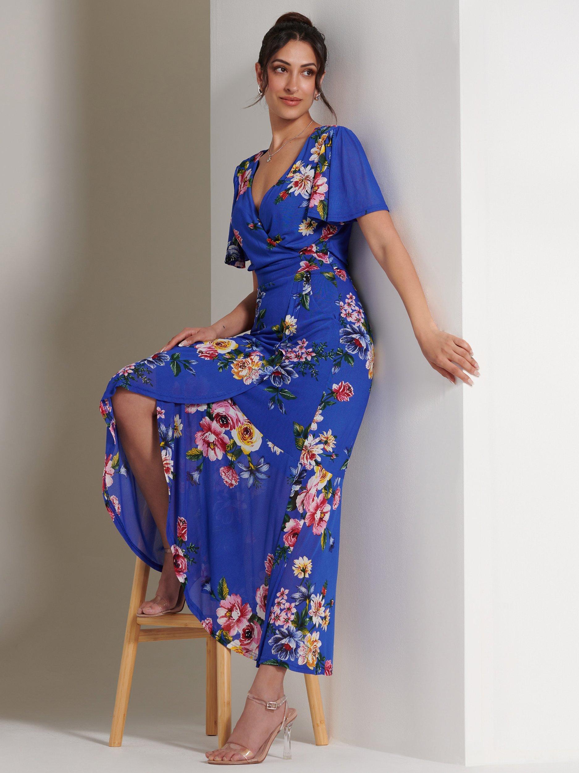 Product image 7 of 7, which shows Jolie Moi Dip Mesh Maxi Dress, Royal Blue/Multi, 8