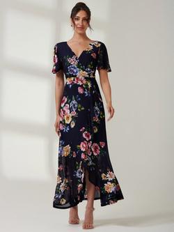 Jolie Moi Dip Mesh Maxi Dress, Navy/Multi, Navy/Multi