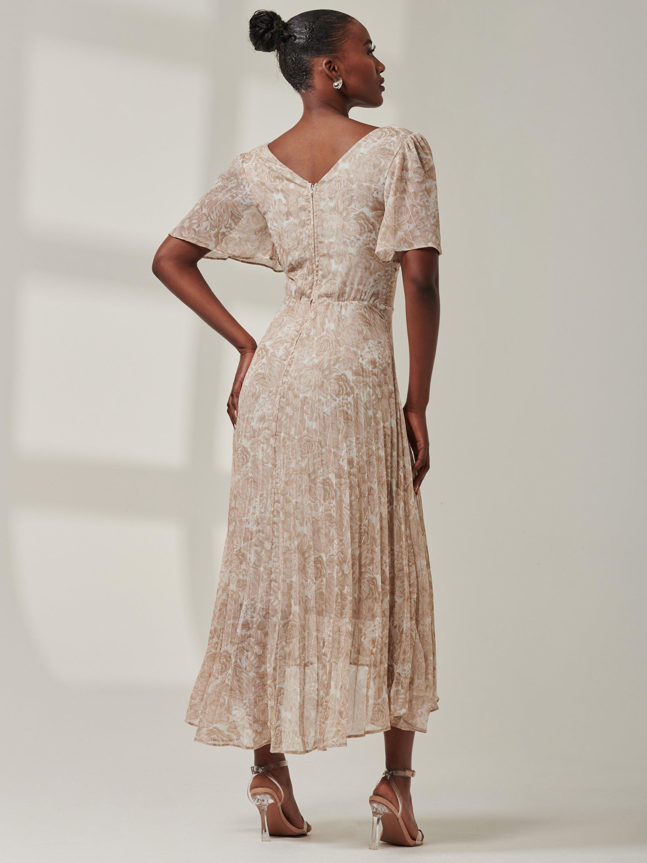 Product image 2 of 7, which shows Jolie Moi Chelsea Pleated Midi Dress, Taupe/Multi, 8