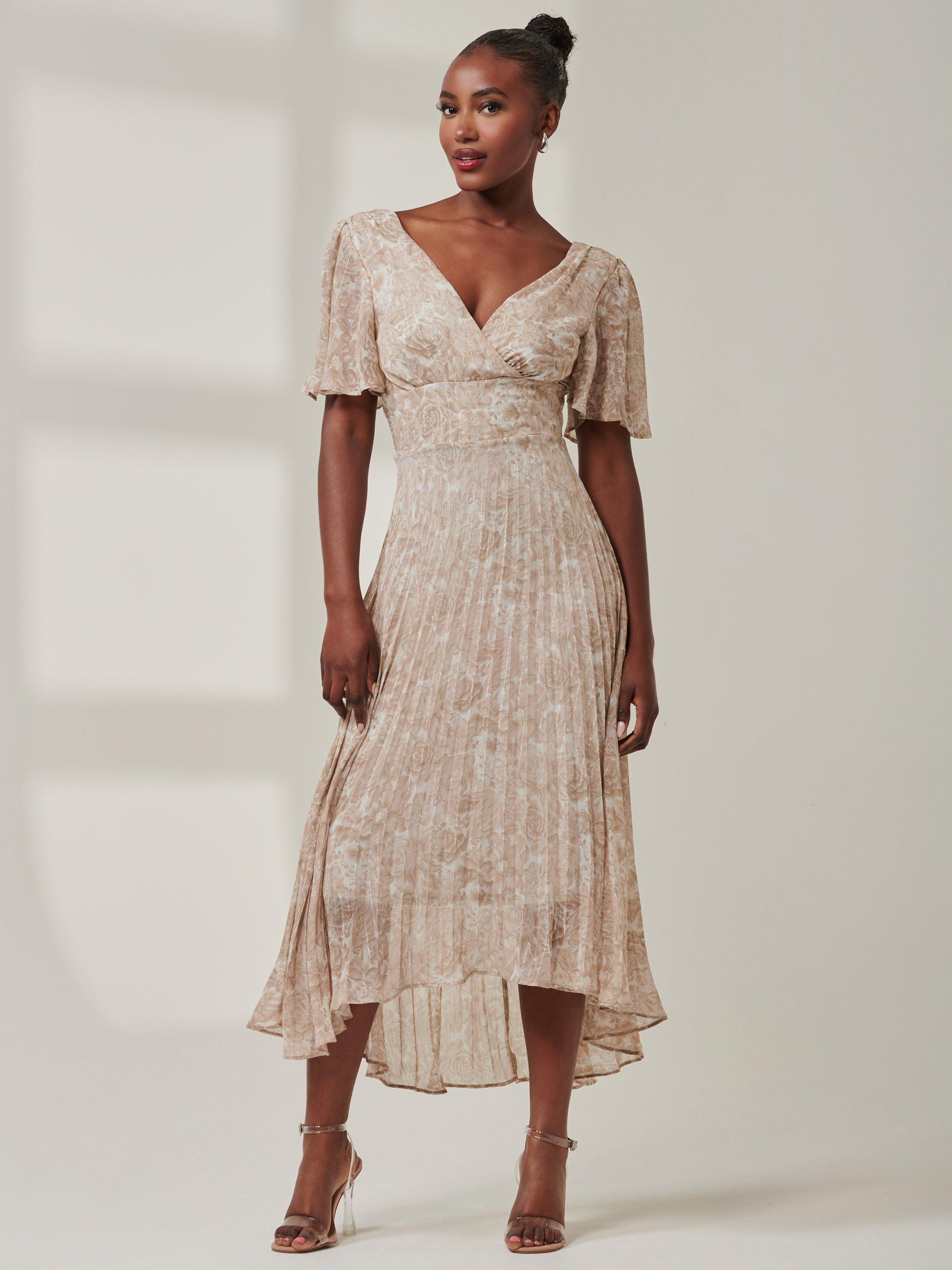 Product image 5 of 7, which shows Jolie Moi Chelsea Pleated Midi Dress, Taupe/Multi, 8