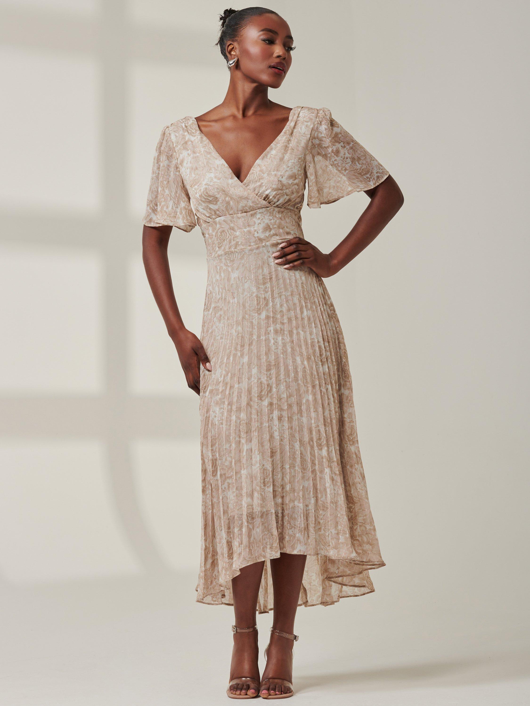 Product image 6 of 7, which shows Jolie Moi Chelsea Pleated Midi Dress, Taupe/Multi, 8
