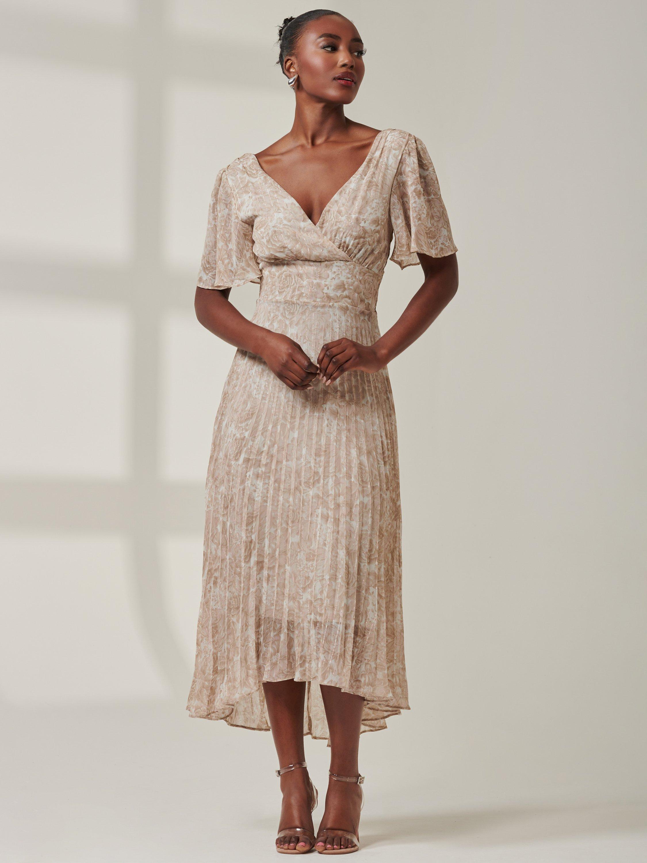 Product image 7 of 7, which shows Jolie Moi Chelsea Pleated Midi Dress, Taupe/Multi, 8