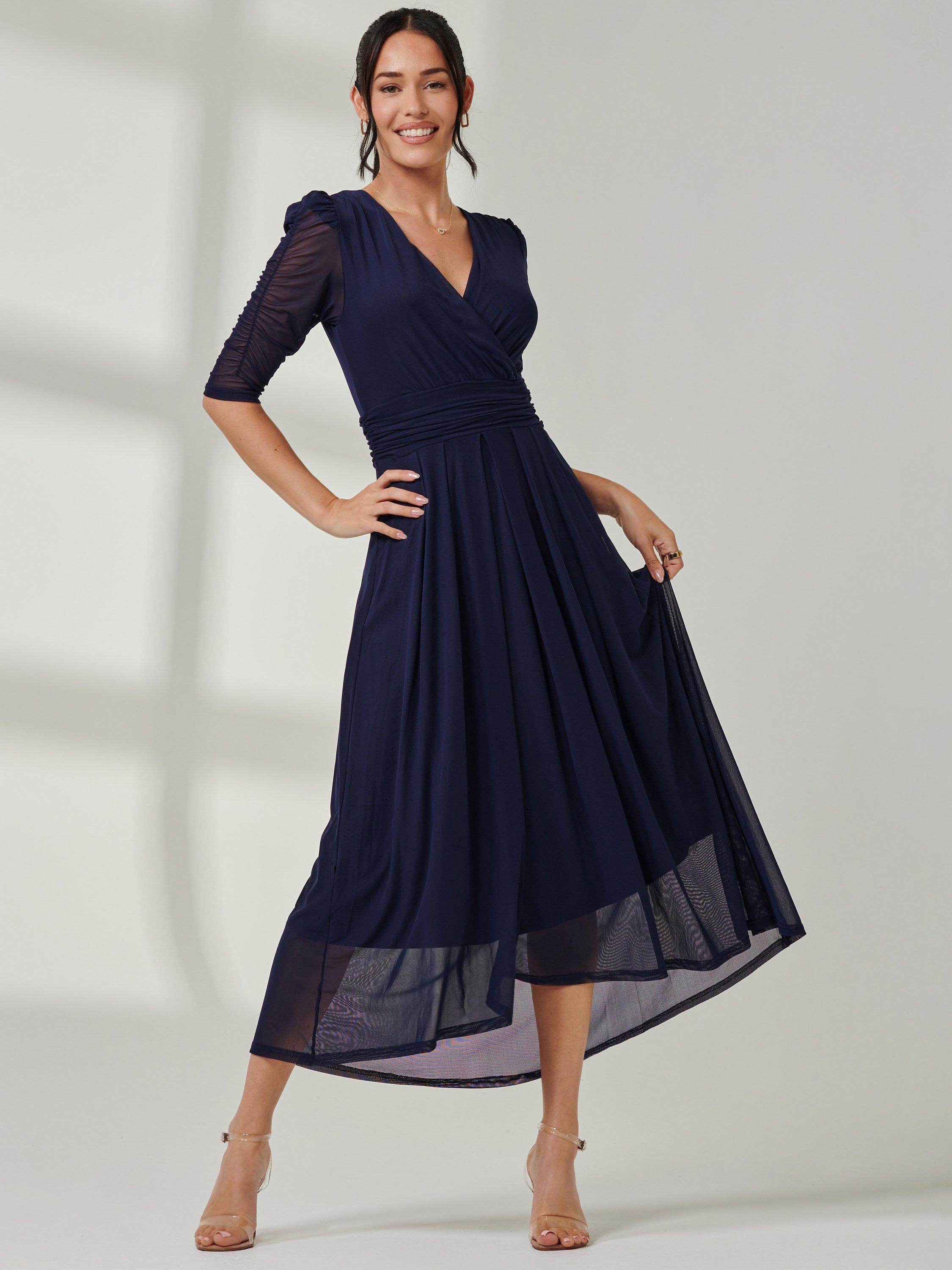 Product image 1 of 7, which shows Jolie Moi Aneissa Ruched Sleeve Mesh Maxi Dress, Navy, 8