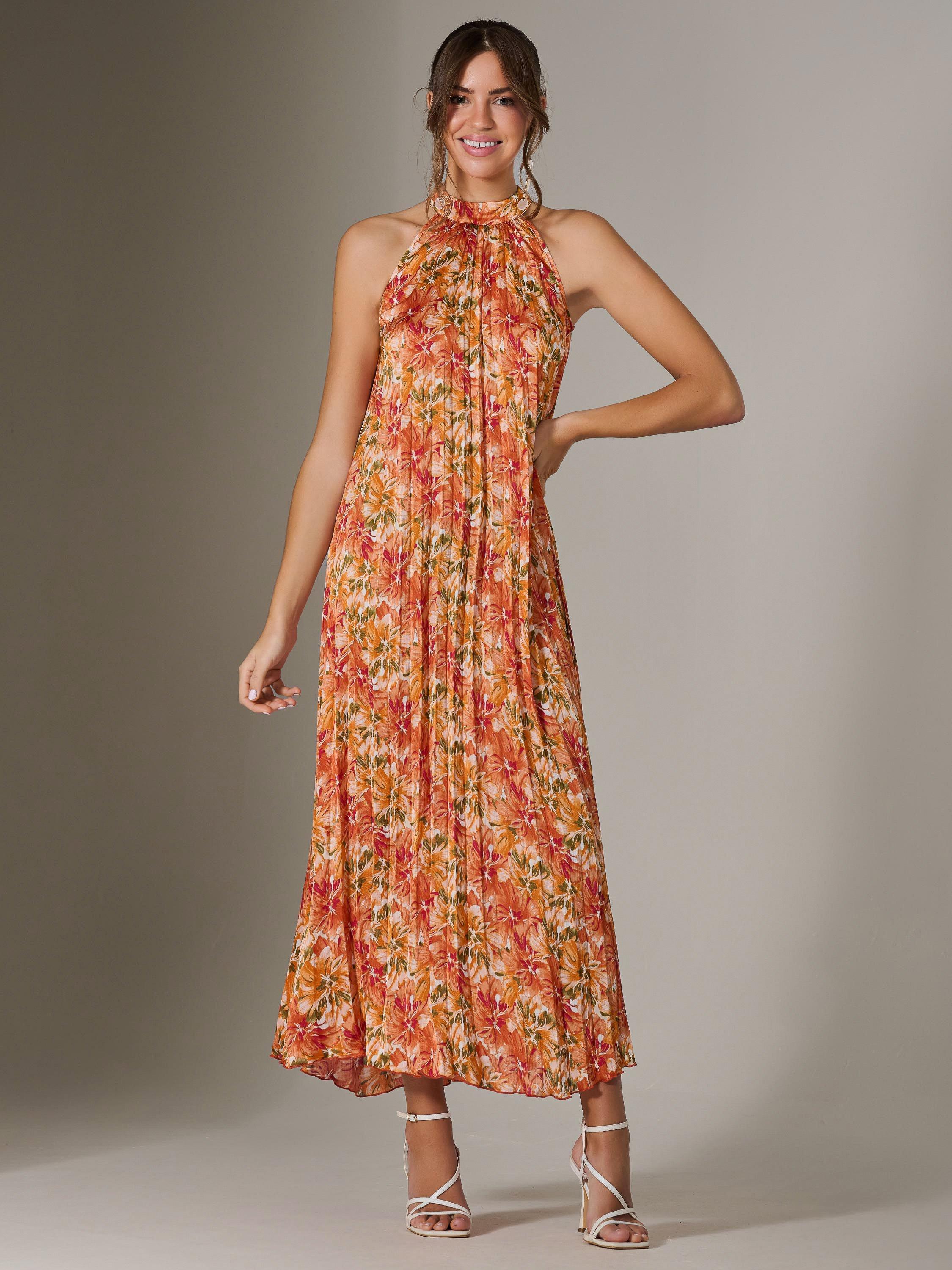 Product image 1 of 6, which shows Jolie Moi Halter Pleated Maxi Dress, Orange/Multi, 8