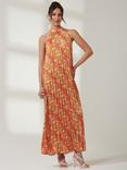 Jolie Moi Halter Pleated Maxi Dress, Orange/Multi, Orange/Multi